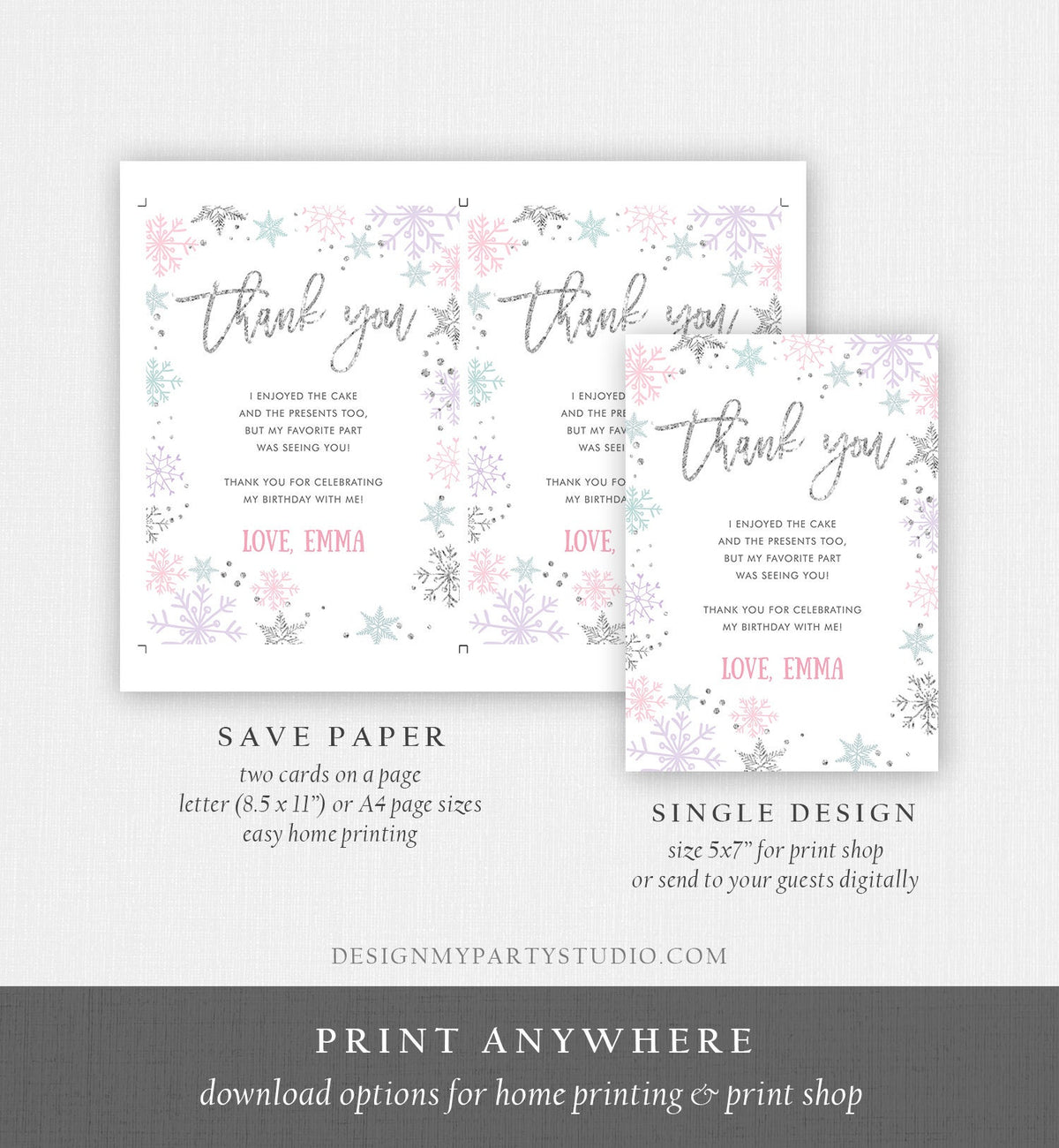 Editable Winter Onederland Thank You Card Snowflake First Birthday Thank You Note Pink Girl Silver Corjl Digital Template Printable 0256