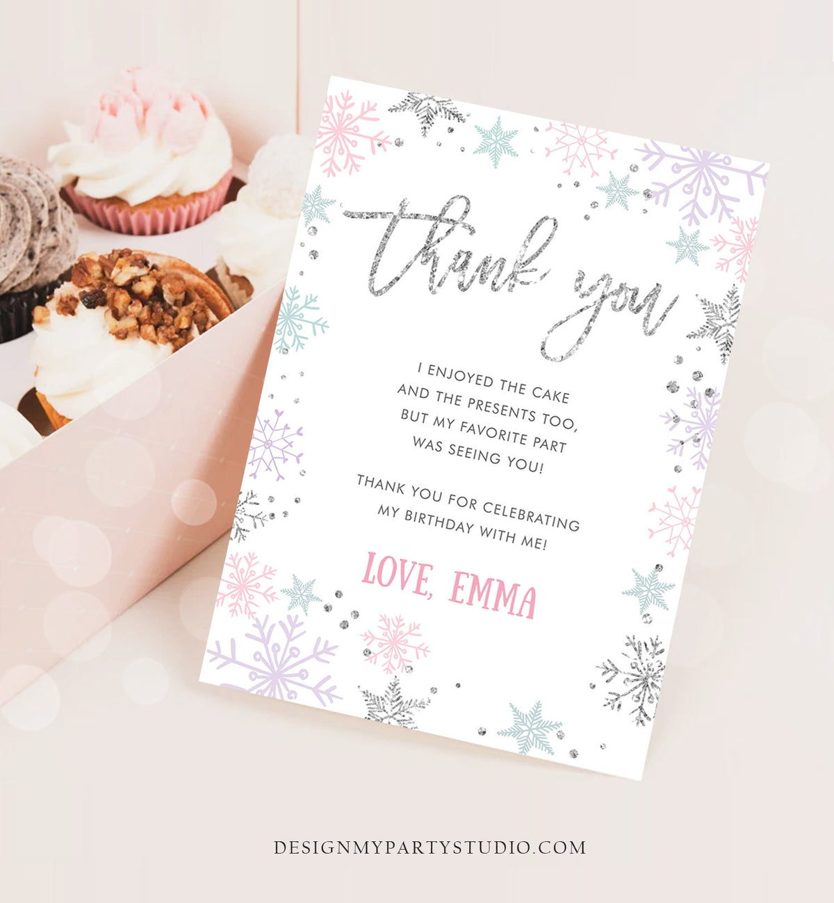 Editable Winter Onederland Thank You Card Snowflake First Birthday Thank You Note Pink Girl Silver Corjl Digital Template Printable 0256