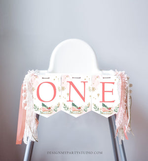 One High Chair Banner Winter Onederland Girl 1st First Birthday Pink Christmas Birthday Oh What Fun ONE Sleigh Decor PRINTABLE Digital 0353