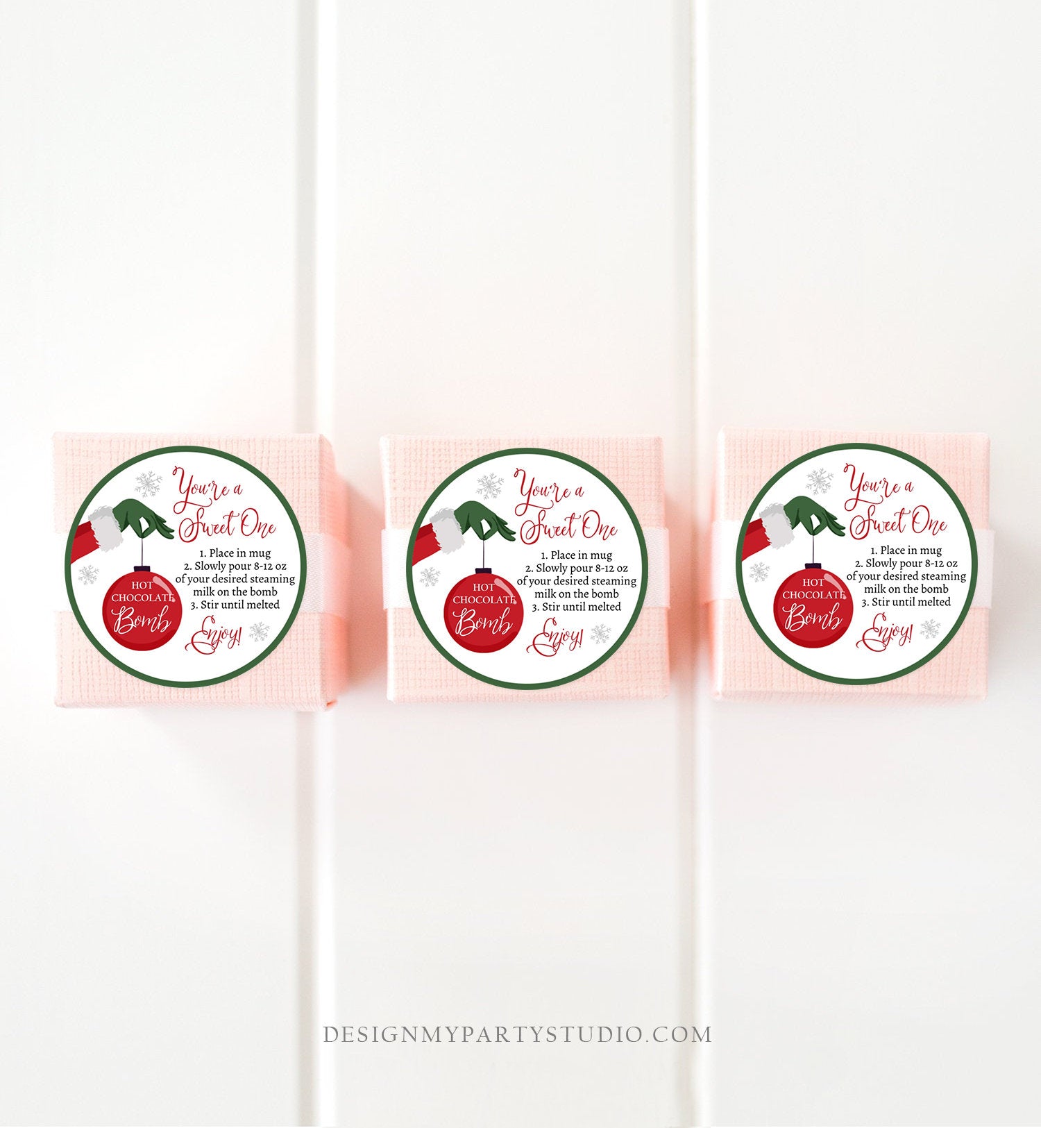 Editable Hot Chocolate Bomb Tags Bomb Instructions Green Red Holiday Favor Tags Winter Christmas You're a Sweet One Digital PRINTABLE 0353
