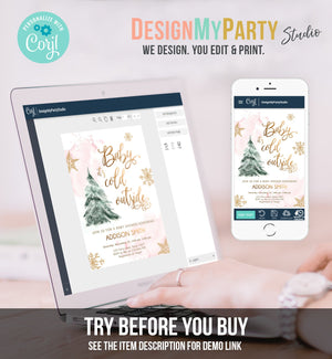 Editable Baby Its Cold Outside Baby Shower Invitation Winter Baby Shower Girl Blush Pink Gold Watercolor Tree Template Download Corjl 0363