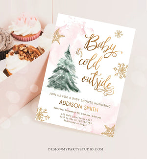 Editable Baby Its Cold Outside Baby Shower Invitation Winter Baby Shower Girl Blush Pink Gold Watercolor Tree Template Download Corjl 0363