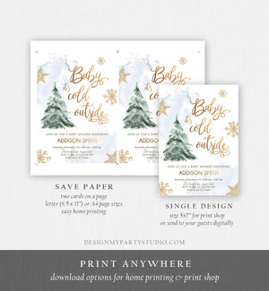 Editable Baby Its Cold Outside Baby Shower Invitation Winter Neutral Blue Boy Gold Snow Watercolor Tree Template Download Corjl 0363