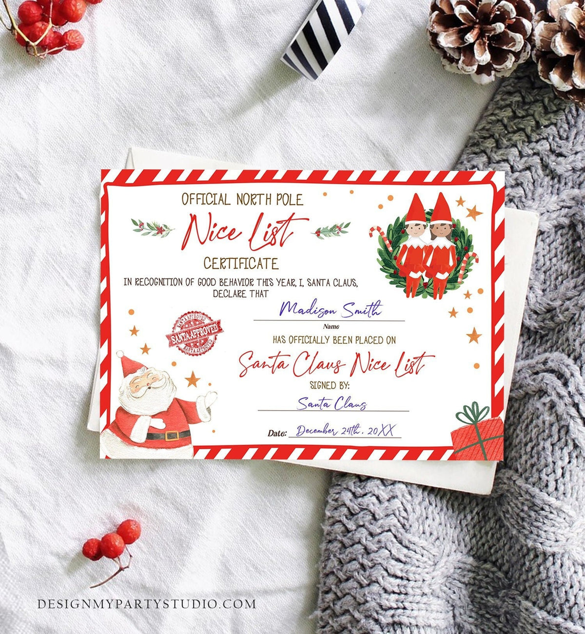 Editable Santa Claus Official Nice List Certificate Letter From Desk Christmas Eve Elves Boy Girl North Pole Corjl Template Printable 0358