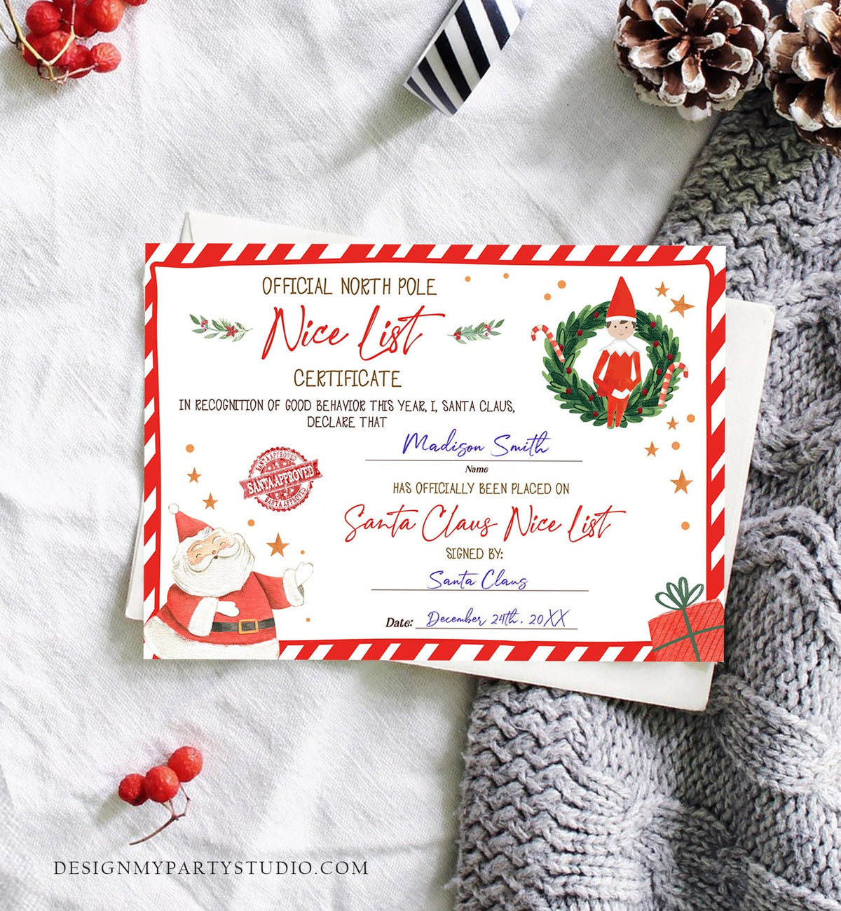 Editable Santa Claus Official Nice List Certificate Letter From Desk Christmas Eve Elves Boy Girl North Pole Corjl Template Printable 0358