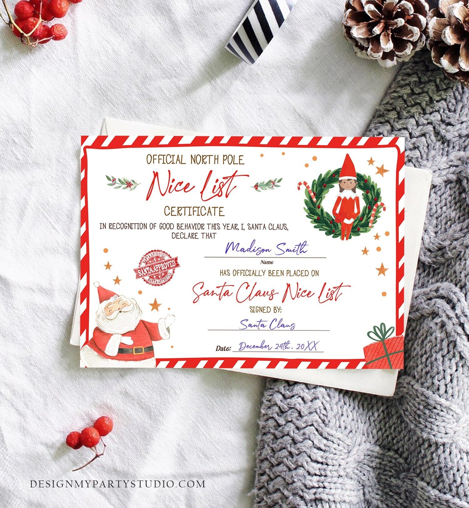 Editable Santa Claus Official Nice List Certificate Letter From Desk Christmas Eve Elves Boy Girl North Pole Corjl Template Printable 0358