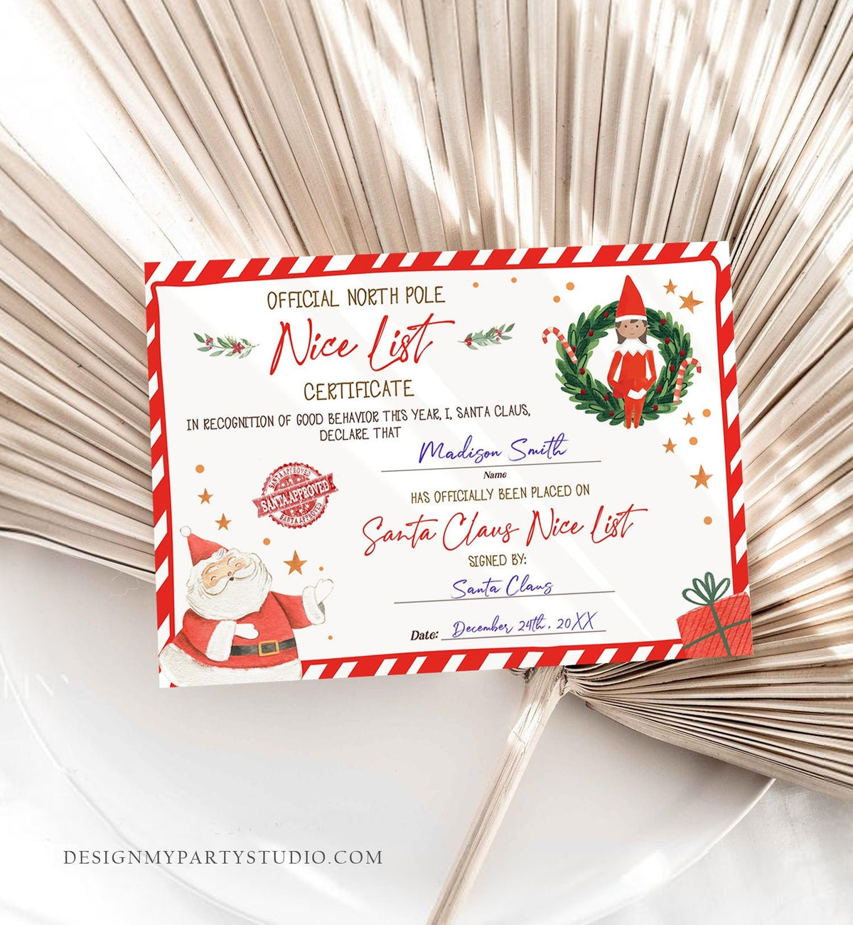 Editable Santa Claus Official Nice List Certificate Letter From Desk Christmas Eve Elves Boy Girl North Pole Corjl Template Printable 0358