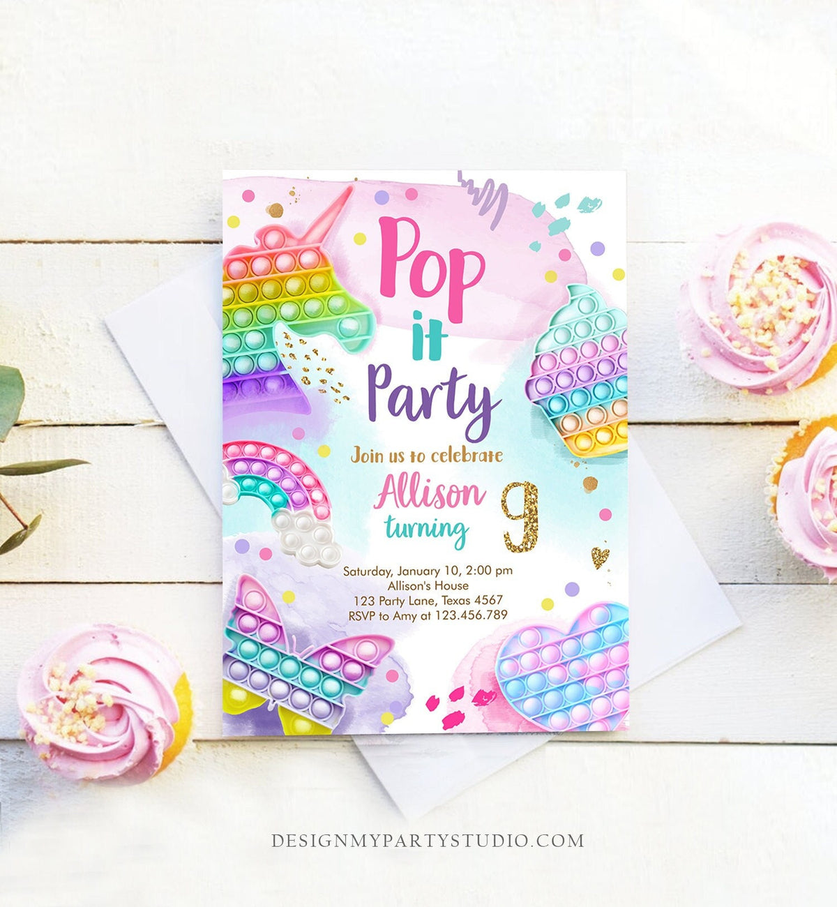 Editable Pop It Birthday Party Invitation Fidget Toy Girl Kids Birthday Rainbow Pastel Unicorn Bubble Download Printable Template Corjl 0422