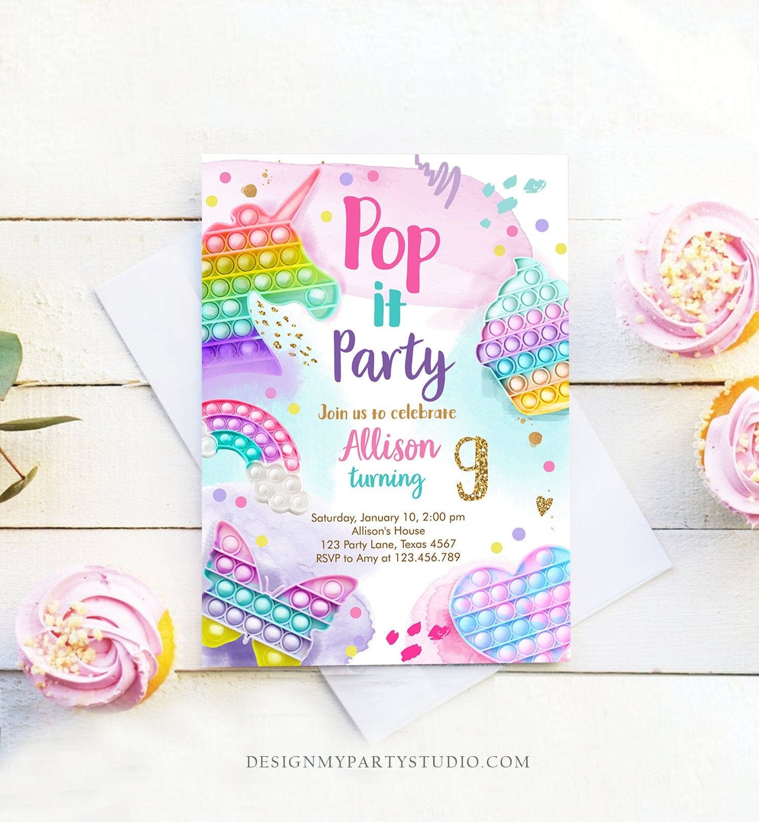 Editable Pop It Birthday Party Invitation Fidget Toy Girl Kids Birthday Rainbow Pastel Unicorn Bubble Download Printable Template Corjl 0422