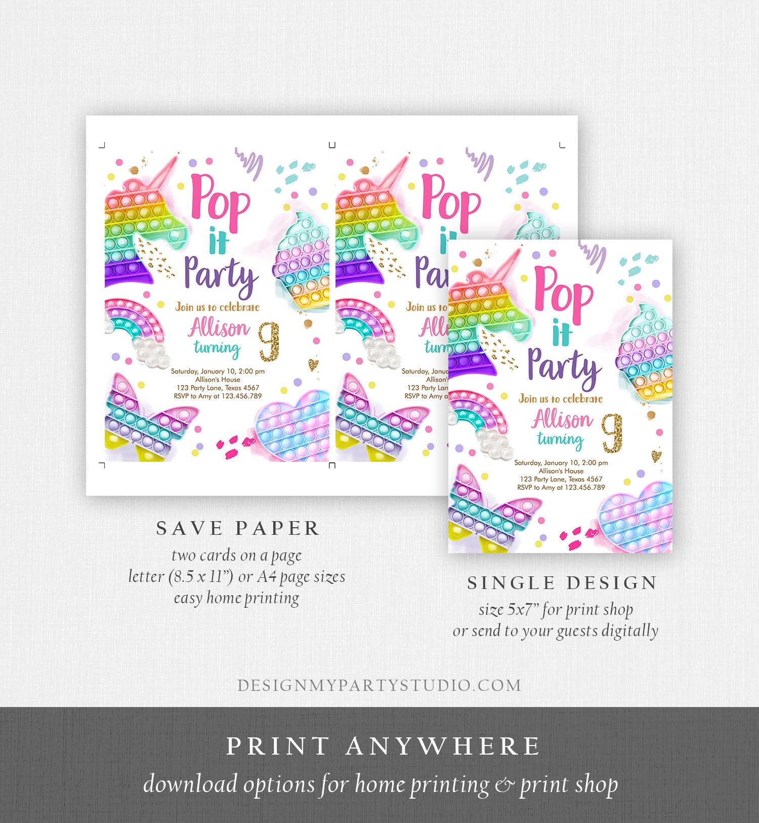 Editable Pop It Birthday Party Invitation Fidget Toy Girl Kids Birthday Rainbow Pastel Unicorn Bubble Download Printable Template Corjl 0422