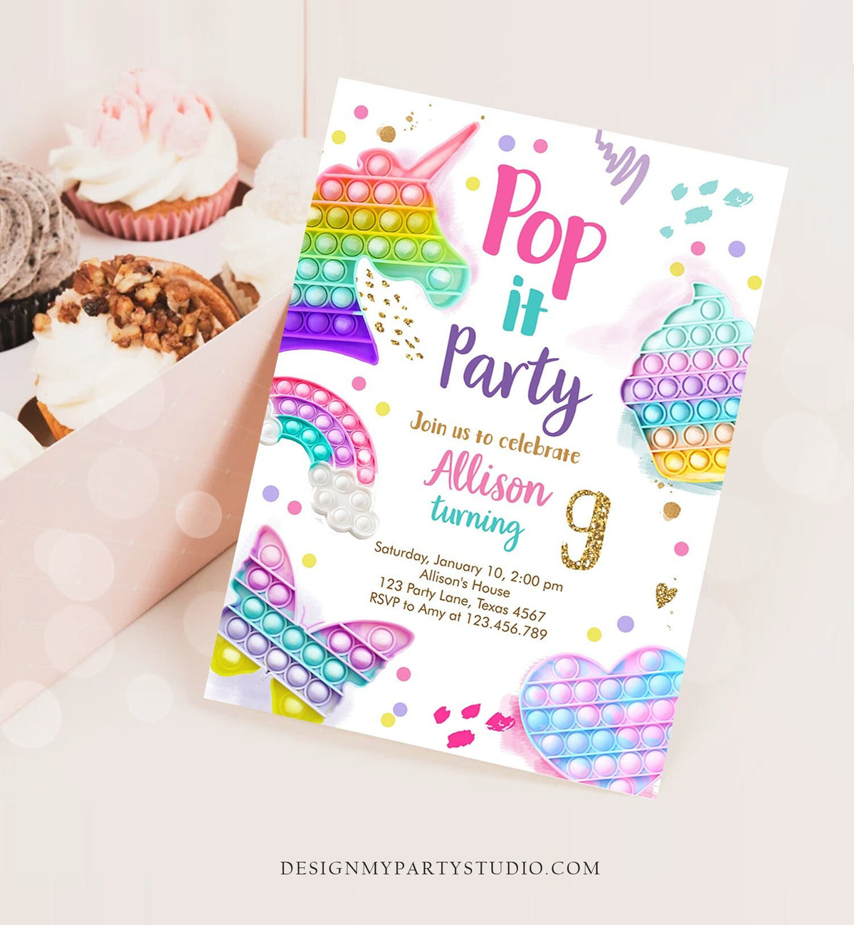 Editable Pop It Birthday Party Invitation Fidget Toy Girl Kids Birthday Rainbow Pastel Unicorn Bubble Download Printable Template Corjl 0422