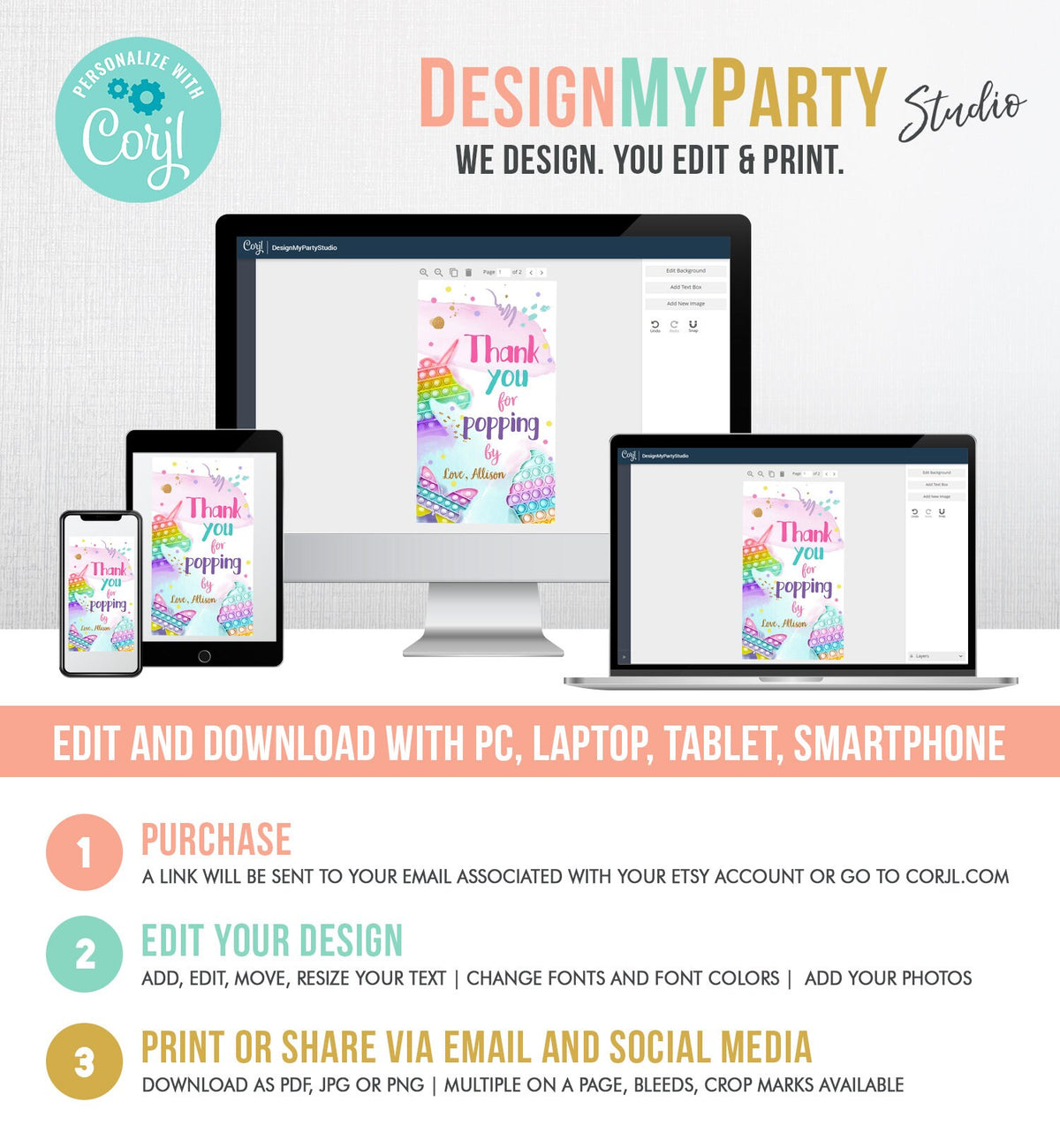 Editable Fidget Party Favor Tags Pop it Party Thank You Tag Gift Tag Popit Birthday Girl Popping By Label Corjl Template Printable 0422