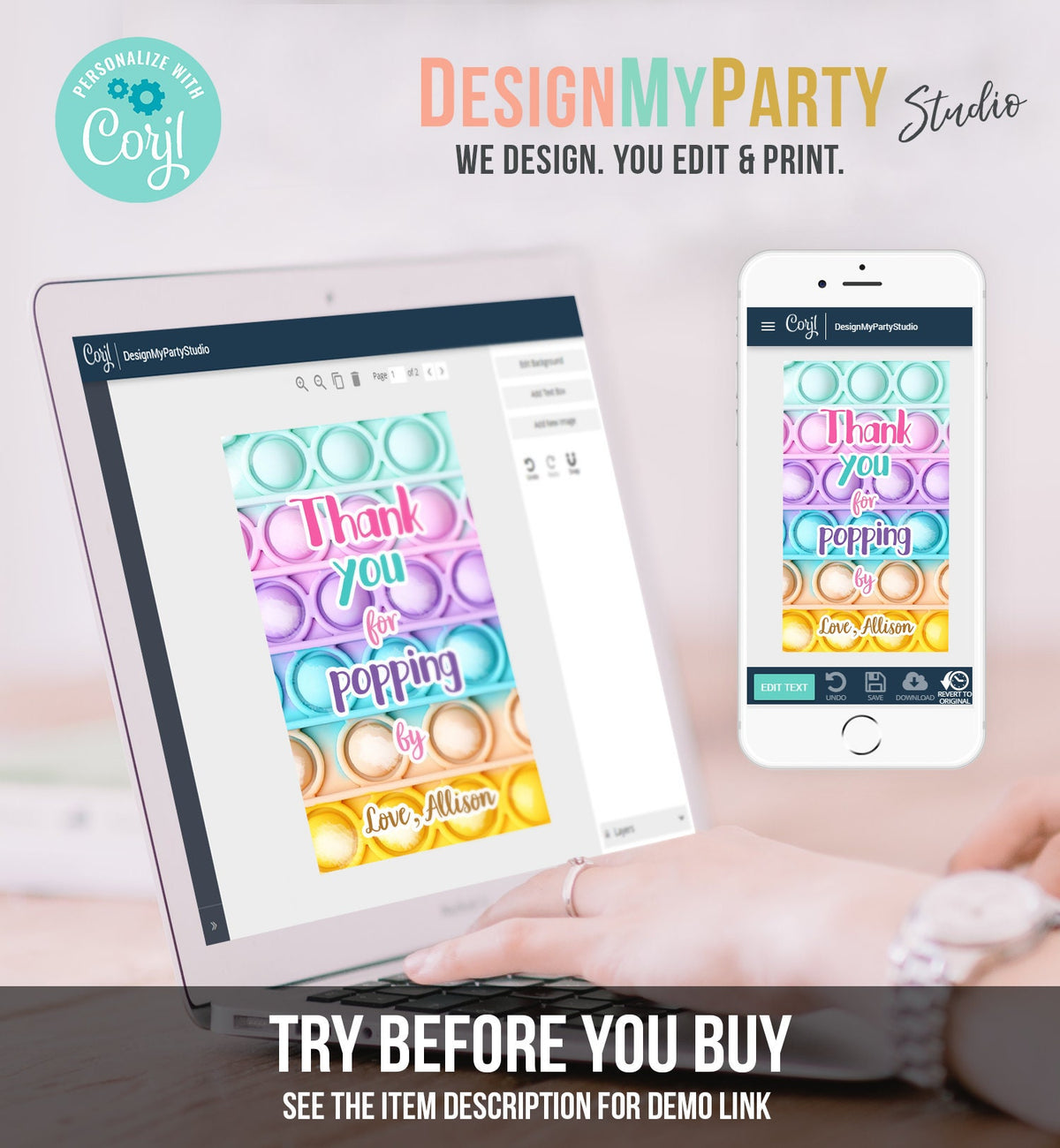 Editable Fidget Party Favor Tags Pop it Party Thank You Tag Gift Tag Popit Birthday Girl Popping By Label Corjl Template Printable 0422