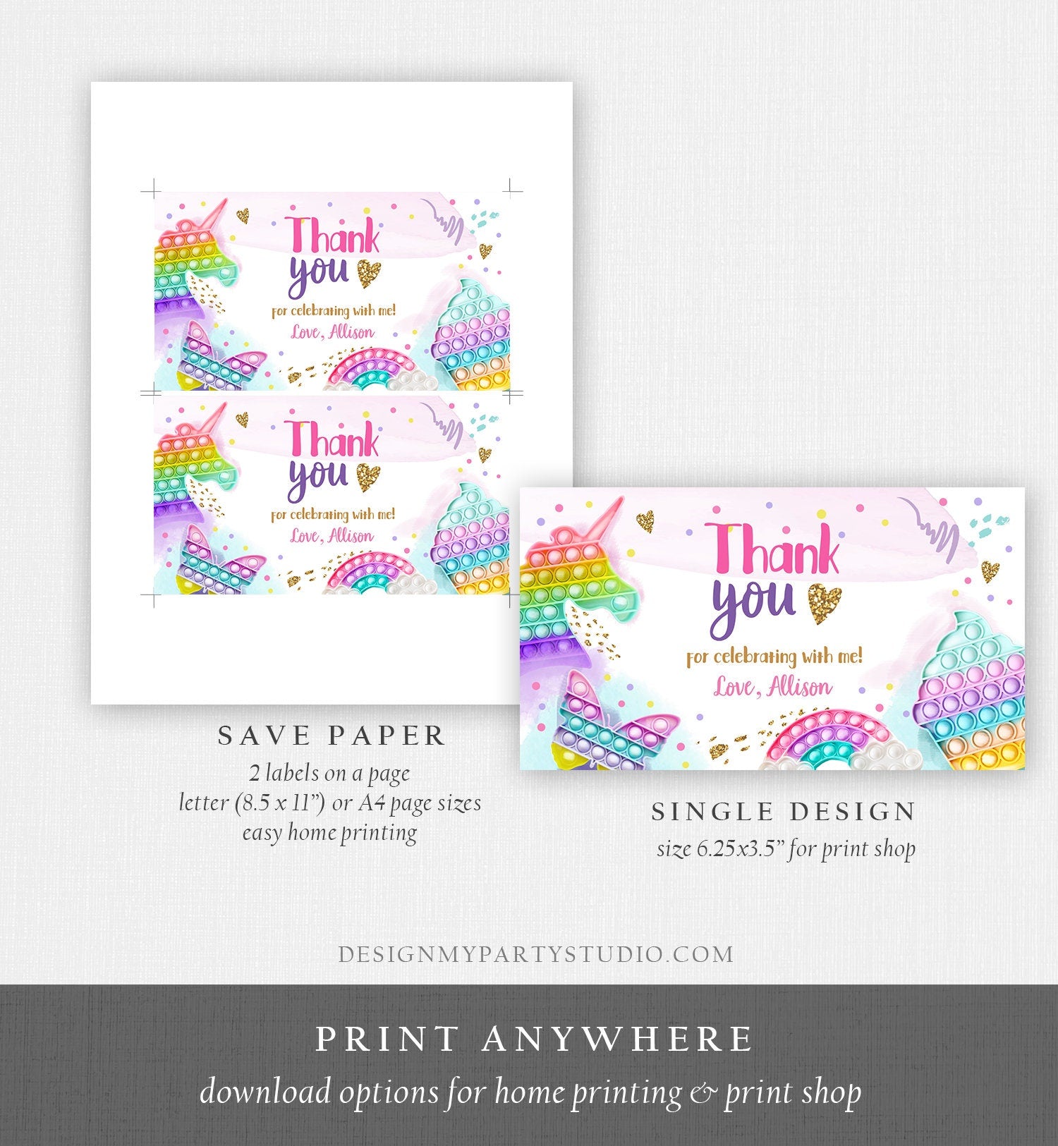 Editable Pop It Birthday Gable Gift Box Label Rainbow Fidget Toy Favors Girl Treat Box Label Bubble Squishy Download Printable Corjl 0422