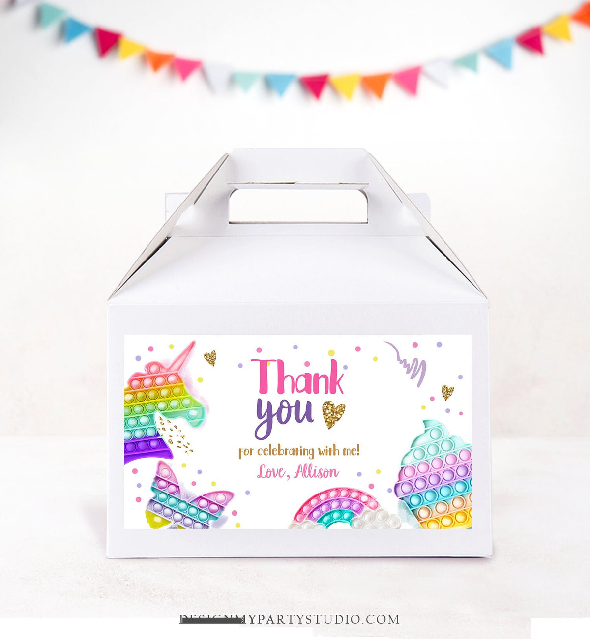 Editable Pop It Birthday Gable Gift Box Label Rainbow Fidget Toy Favors Girl Treat Box Label Bubble Squishy Download Printable Corjl 0422
