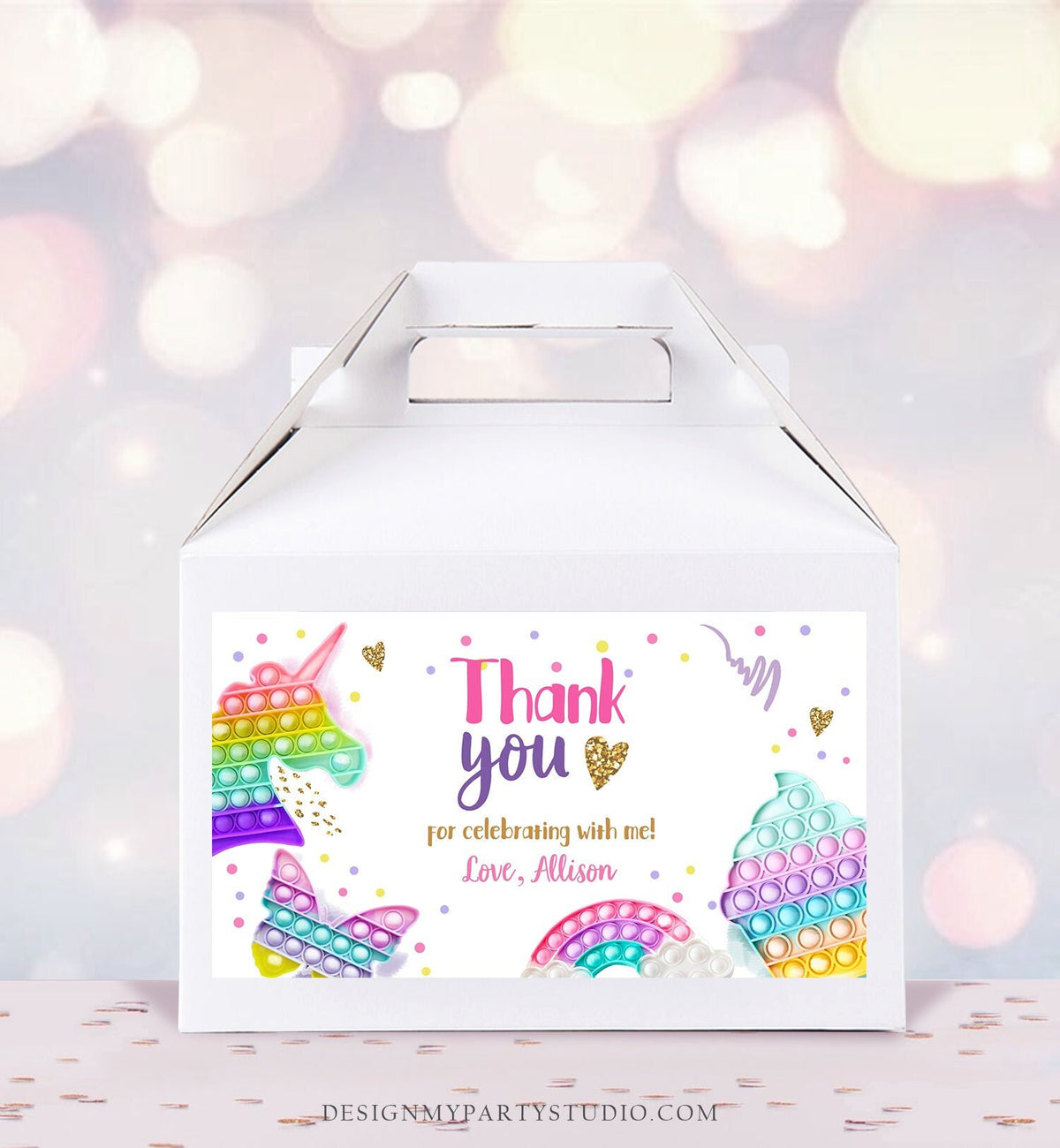 Editable Pop It Birthday Gable Gift Box Label Rainbow Fidget Toy Favors Girl Treat Box Label Bubble Squishy Download Printable Corjl 0422