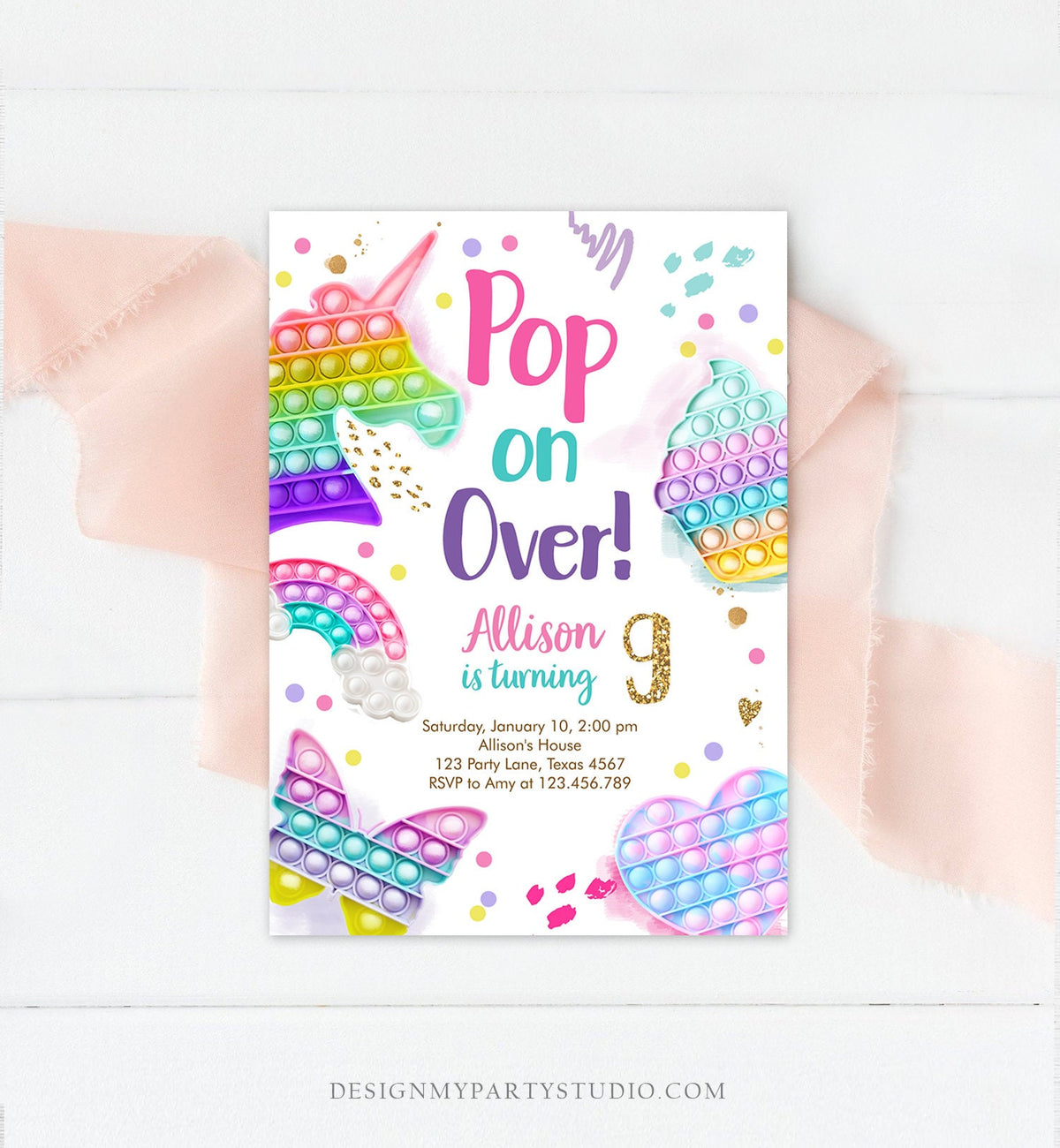 Editable Pop It Birthday Party Invitation Fidget Toy Girl Kids Birthday Rainbow Pastel Unicorn Bubble Download Printable Template Corjl 0422