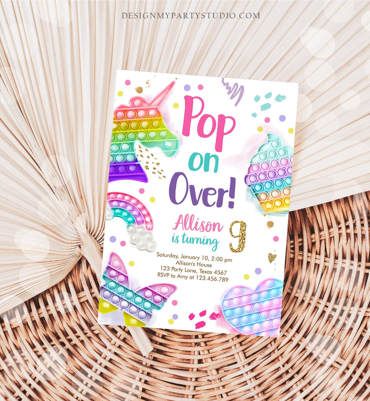 Editable Pop It Birthday Party Invitation Fidget Toy Girl Kids Birthday Rainbow Pastel Unicorn Bubble Download Printable Template Corjl 0422