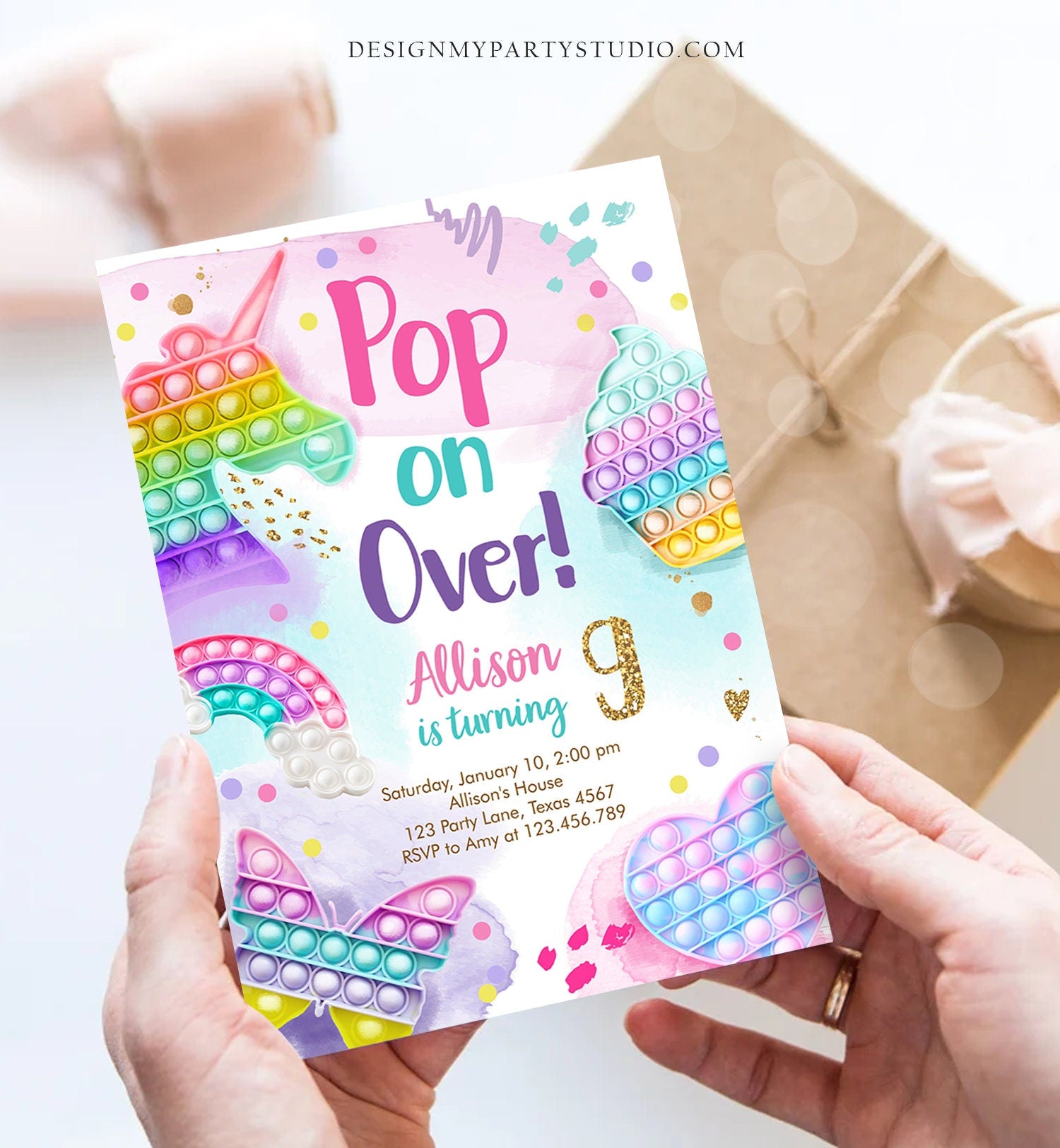 Editable Pop It Birthday Party Invitation Fidget Toy Girl Kids Birthday Rainbow Pastel Unicorn Bubble Download Printable Template Corjl 0422