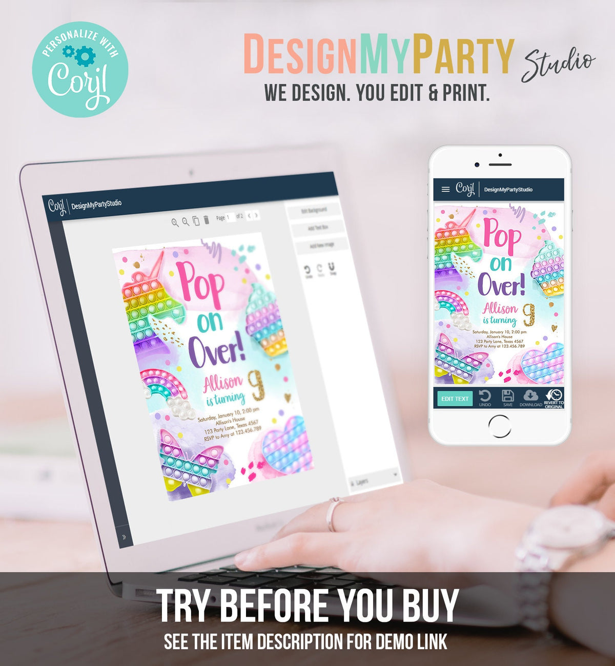 Editable Pop It Birthday Party Invitation Fidget Toy Girl Kids Birthday Rainbow Pastel Unicorn Bubble Download Printable Template Corjl 0422