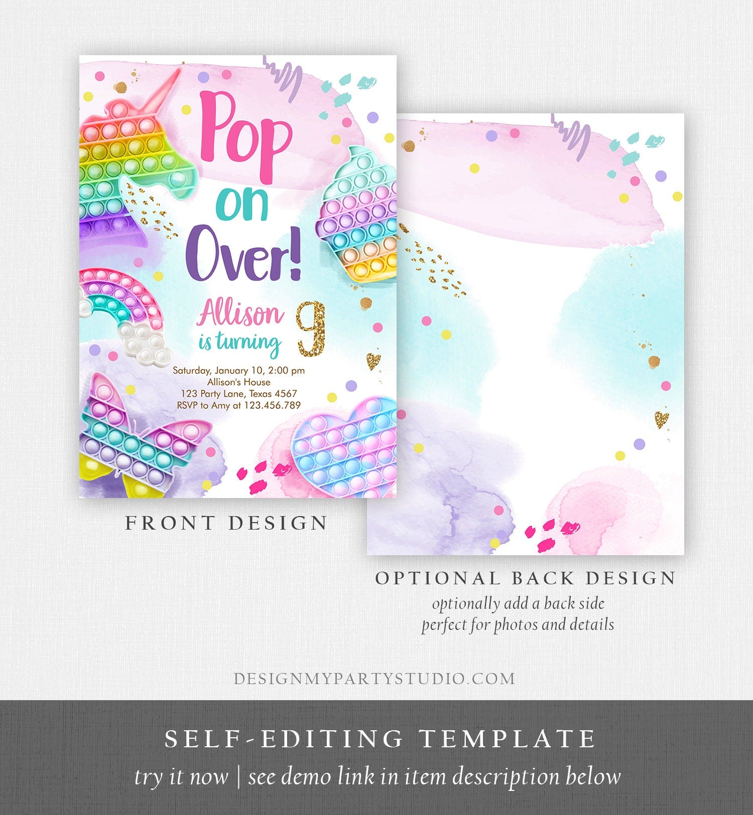 Editable Pop It Birthday Party Invitation Fidget Toy Girl Kids Birthday Rainbow Pastel Unicorn Bubble Download Printable Template Corjl 0422