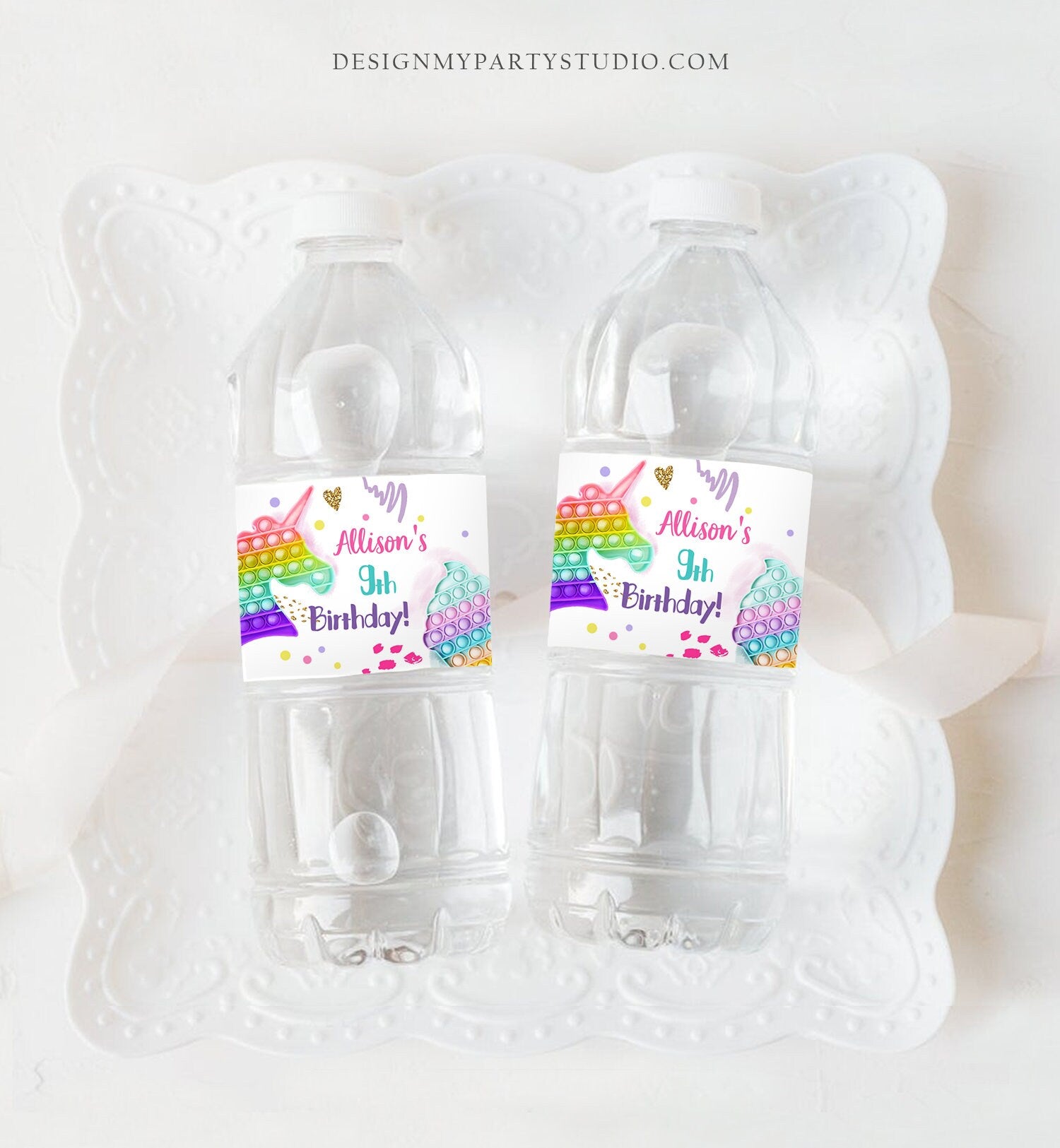 Editable Pop It Water Bottle Labels Fidget Toy Birthday Decor