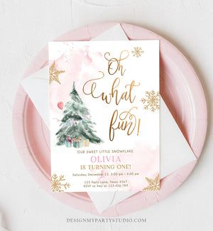 Editable Oh What Fun! Holiday 1st Winter Birthday Invitation Winter Christmas Party Winter Tree Girl Pink Gold Printable Template DIY 0363
