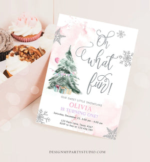 Editable Oh What Fun! Holiday 1st Winter Birthday Invitation Winter Christmas Party Winter Tree Girl Pink Silver Printable Template DIY 0363