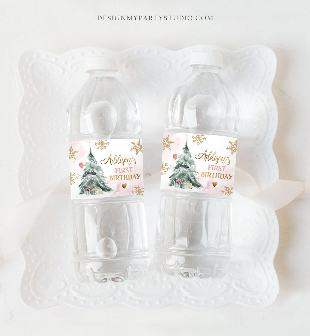 Editable Winter Onederland Water Bottle Labels Winter Birthday Party Girl Pink Gold Wonderland Party Download Printable Template Corjl 0363