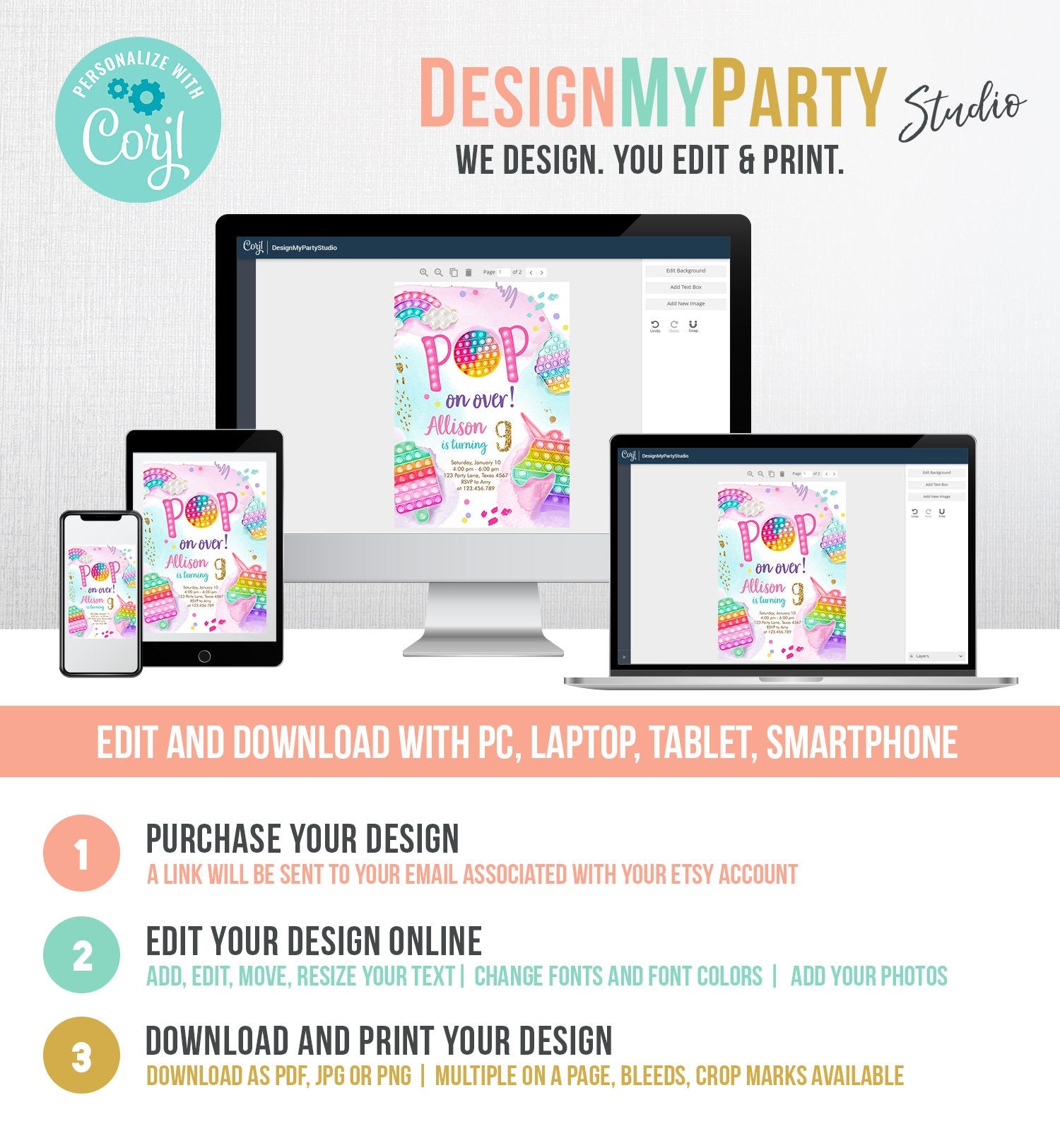 Editable Pop It Invitation Fidget Toy Party Pop It Rainbow Girl Kids Pastel Unicorn Watercolor Bubble Download Printable Template Corjl 0422