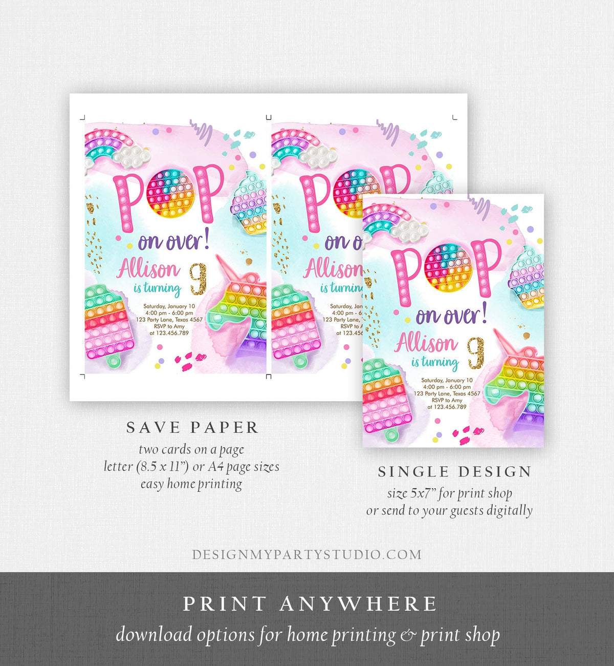 Editable Pop It Invitation Fidget Toy Party Pop It Rainbow Girl Kids Pastel Unicorn Watercolor Bubble Download Printable Template Corjl 0422