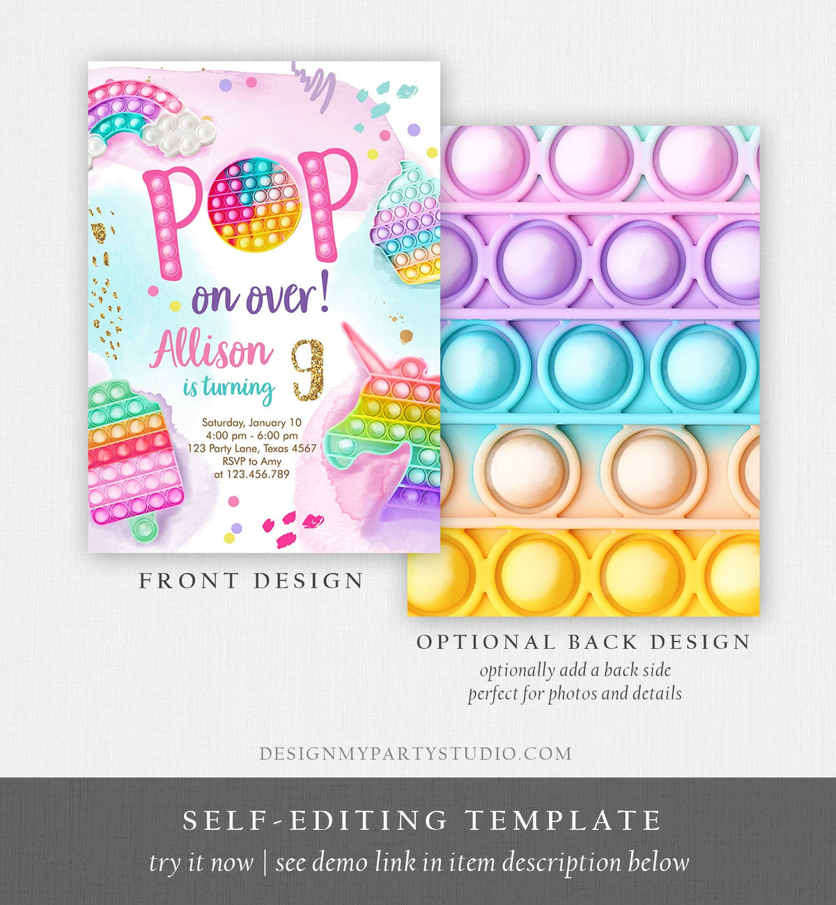 Editable Pop It Invitation Fidget Toy Party Pop It Rainbow Girl Kids Pastel Unicorn Watercolor Bubble Download Printable Template Corjl 0422