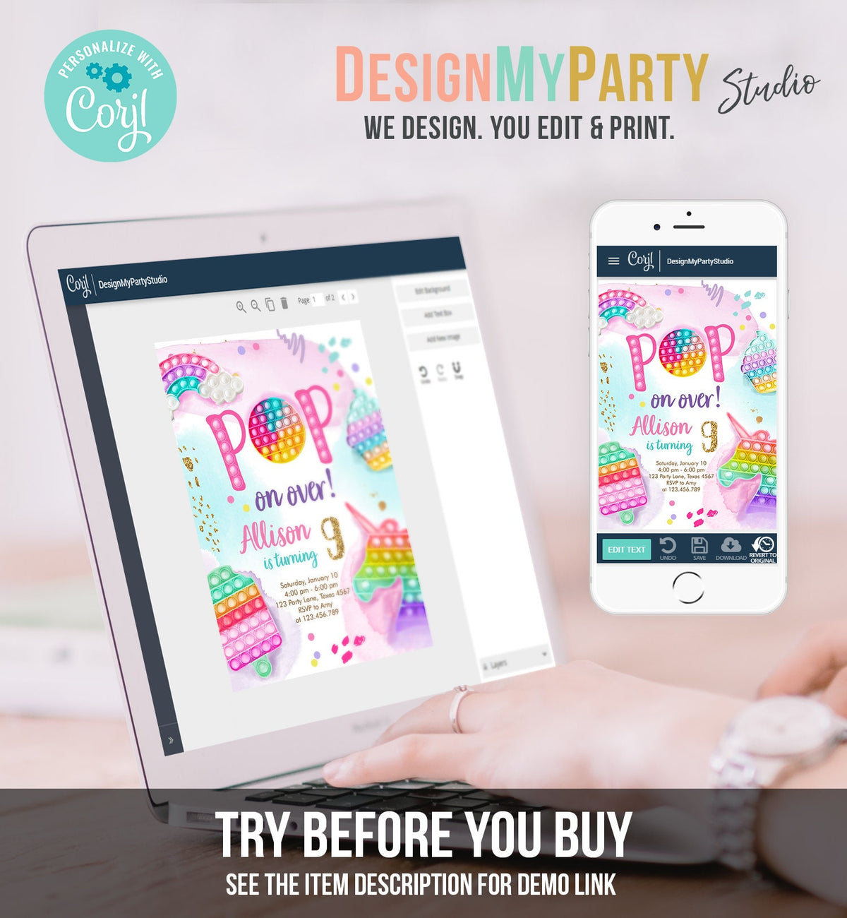 Editable Pop It Invitation Fidget Toy Party Pop It Rainbow Girl Kids Pastel Unicorn Watercolor Bubble Download Printable Template Corjl 0422