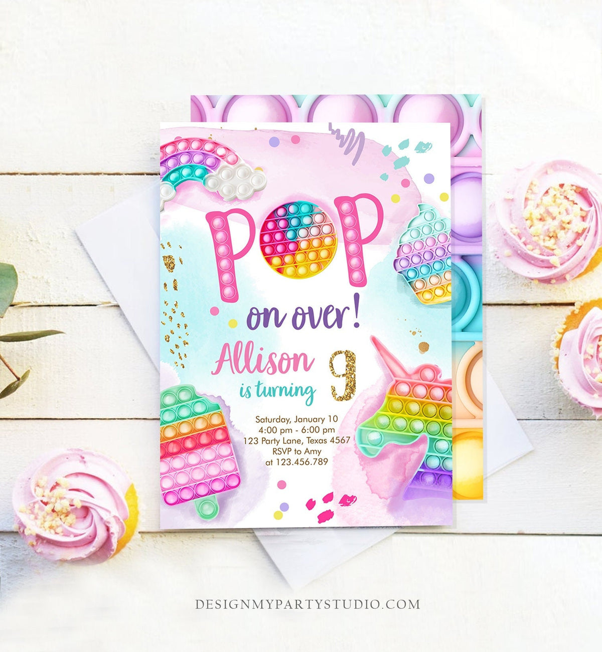 Editable Pop It Invitation Fidget Toy Party Pop It Rainbow Girl Kids Pastel Unicorn Watercolor Bubble Download Printable Template Corjl 0422