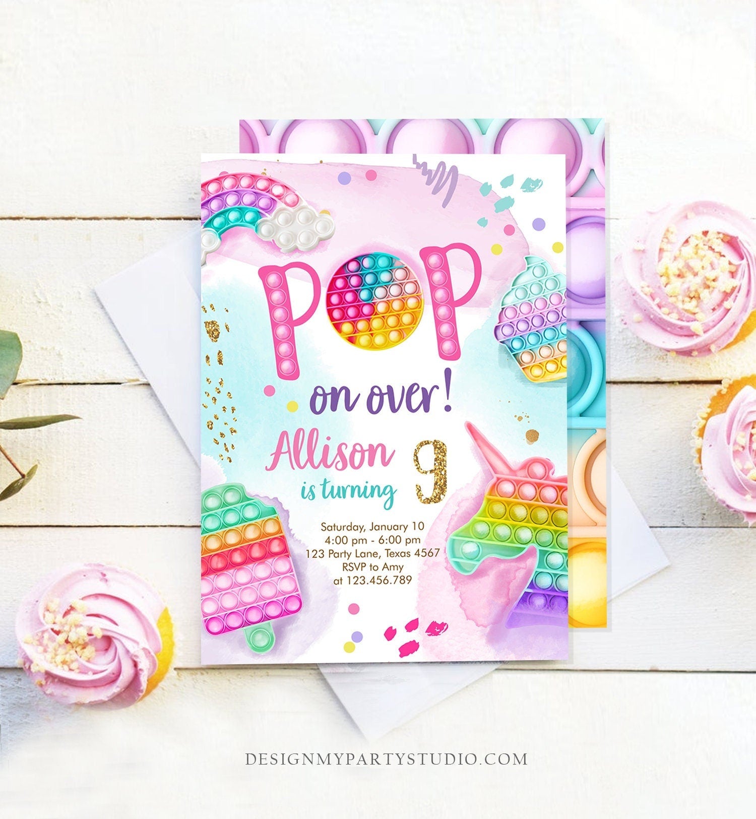 Editable Pop It Invitation Fidget Toy Party Pop It Rainbow Girl Kids Pastel Unicorn Watercolor Bubble Download Printable Template Corjl 0422