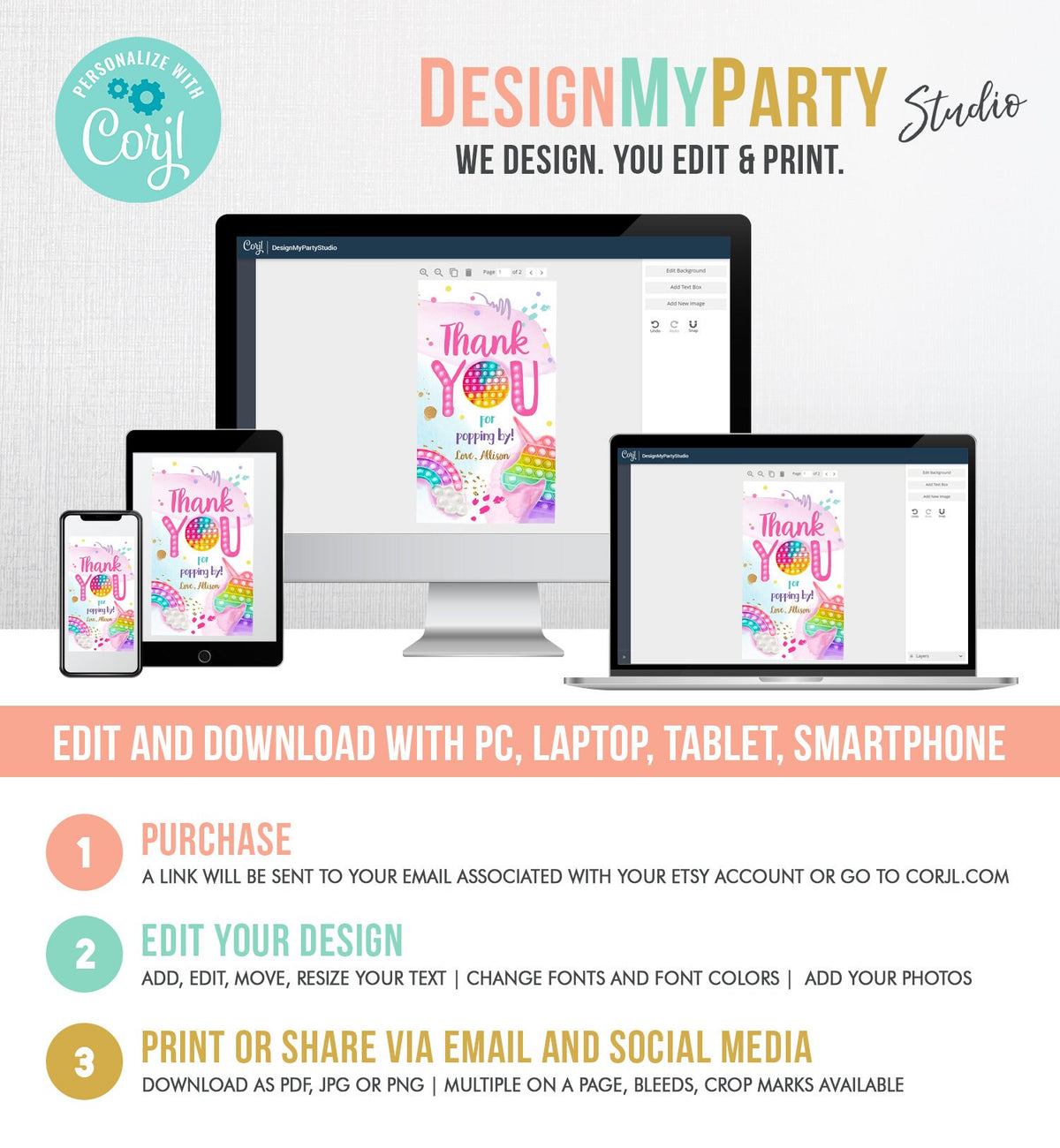 Editable Fidget Party Favor Tags Pop it Party Thank You Tag Gift Tag Popit Birthday Girl Popping By Label Corjl Template Printable 0422