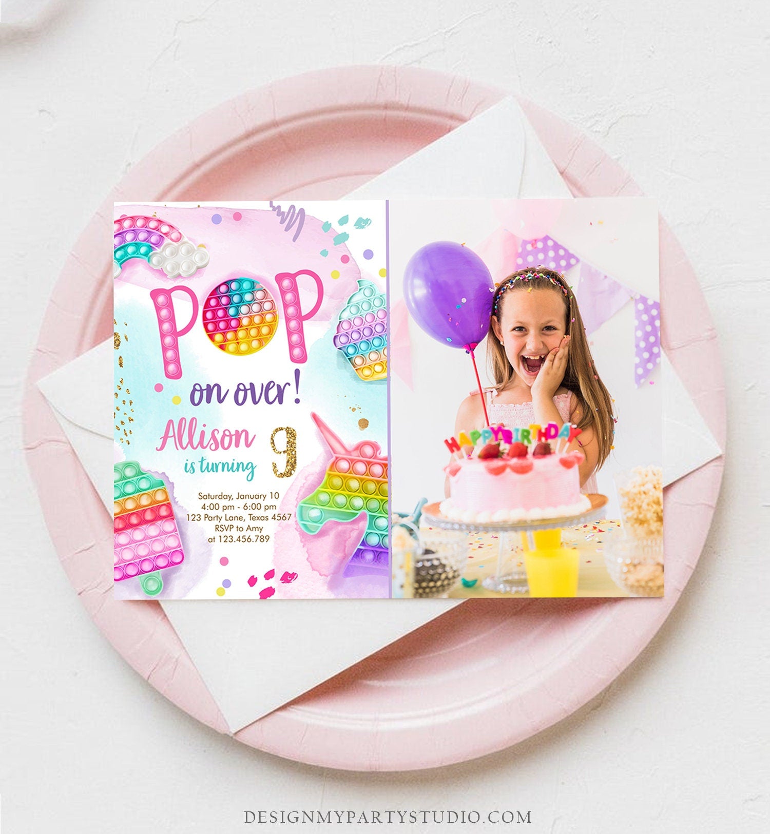 Editable Pop It Invitation Fidget Toy Party Pop It Rainbow Girl Kids Pastel Unicorn Watercolor Bubble Download Printable Template Corjl 0422