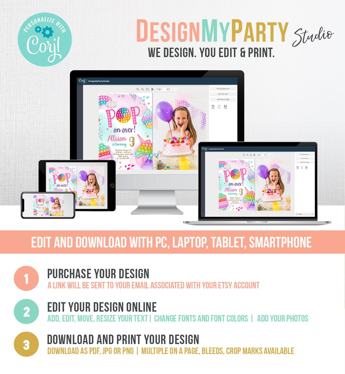 Editable Pop It Invitation Fidget Toy Party Pop It Rainbow Girl Kids Pastel Unicorn Watercolor Bubble Download Printable Template Corjl 0422