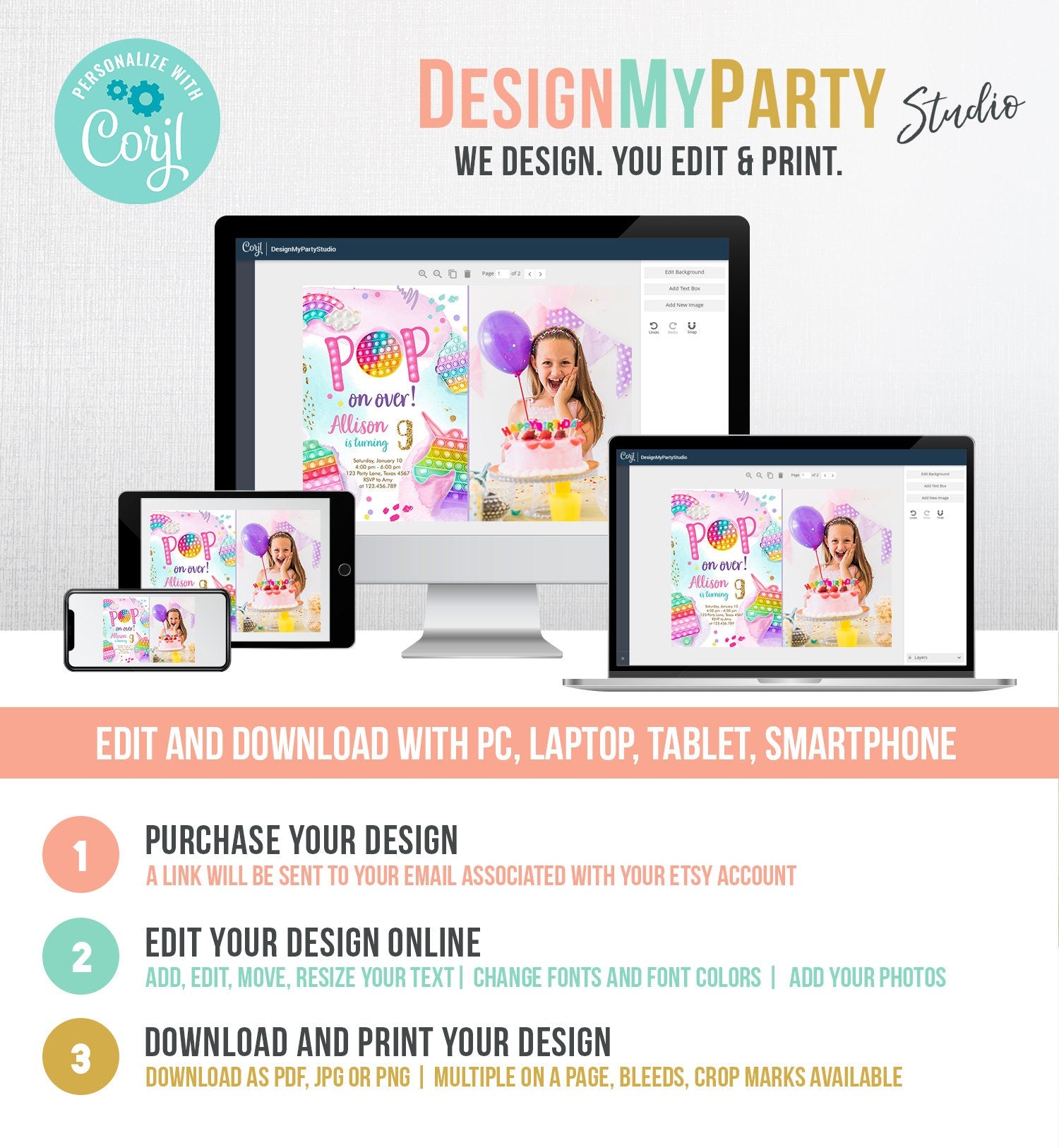 Editable Pop It Invitation Fidget Toy Party Pop It Rainbow Girl Kids Pastel Unicorn Watercolor Bubble Download Printable Template Corjl 0422