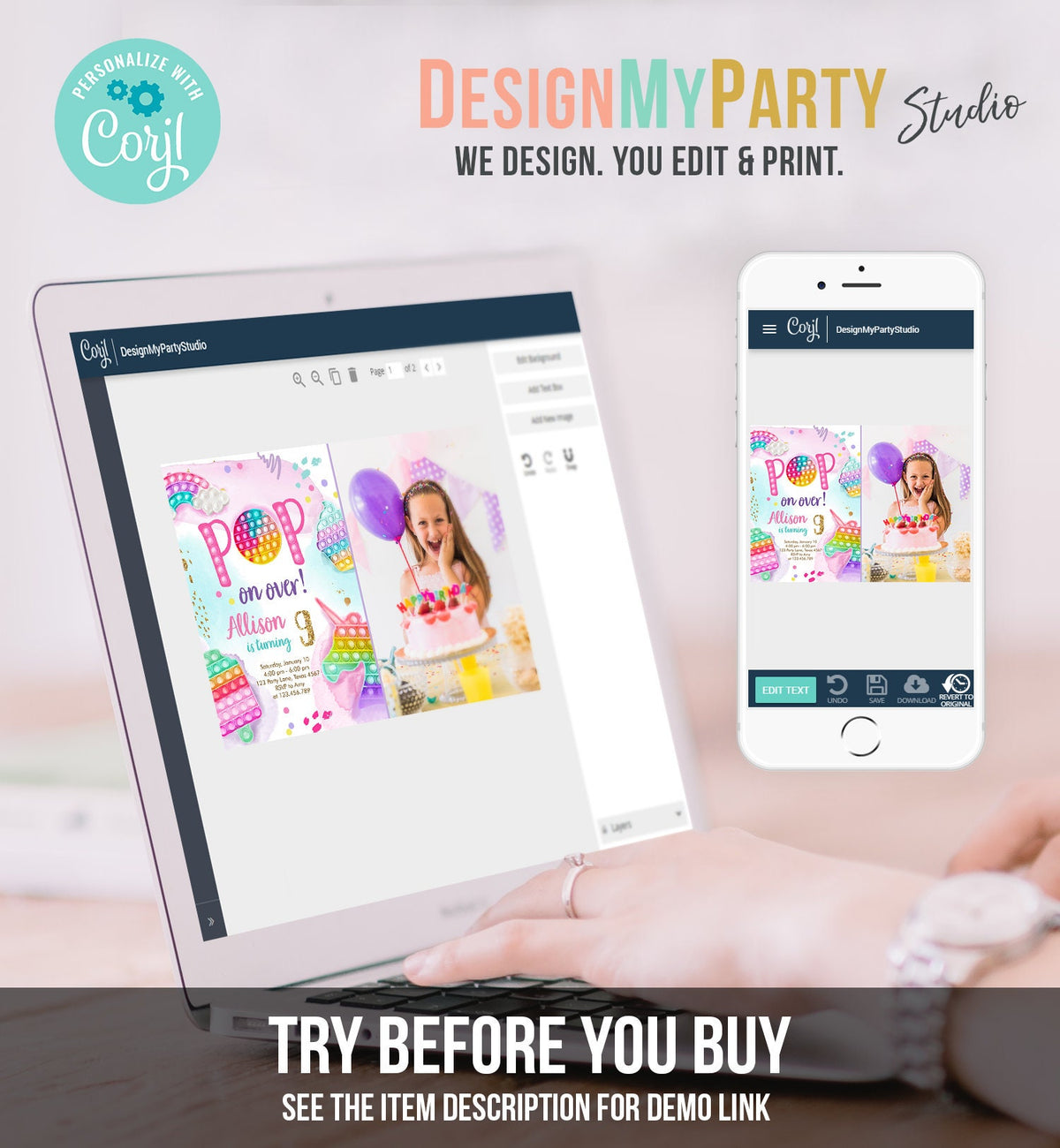 Editable Pop It Invitation Fidget Toy Party Pop It Rainbow Girl Kids Pastel Unicorn Watercolor Bubble Download Printable Template Corjl 0422