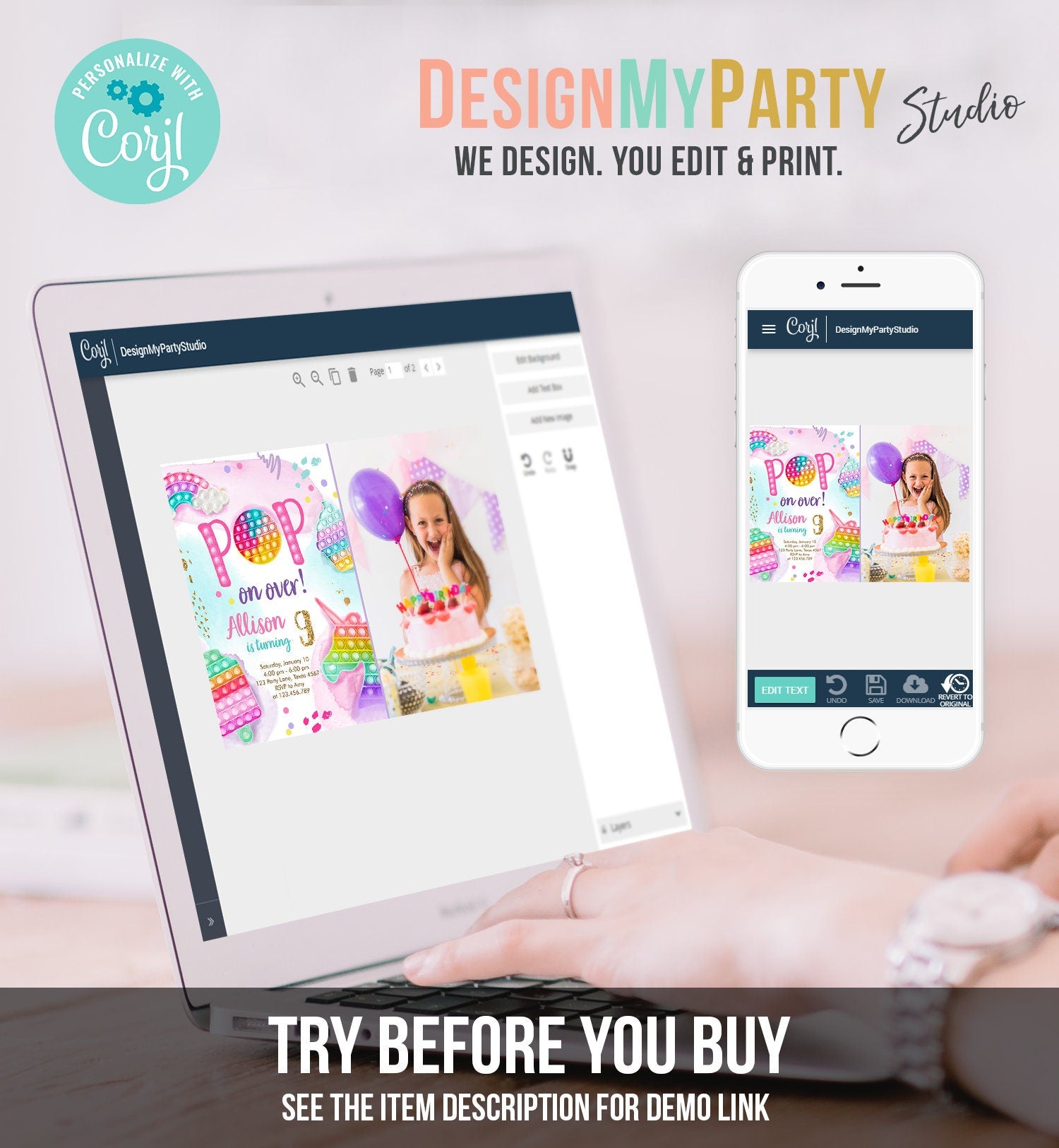 Editable Pop It Invitation Fidget Toy Party Pop It Rainbow Girl Kids Pastel Unicorn Watercolor Bubble Download Printable Template Corjl 0422