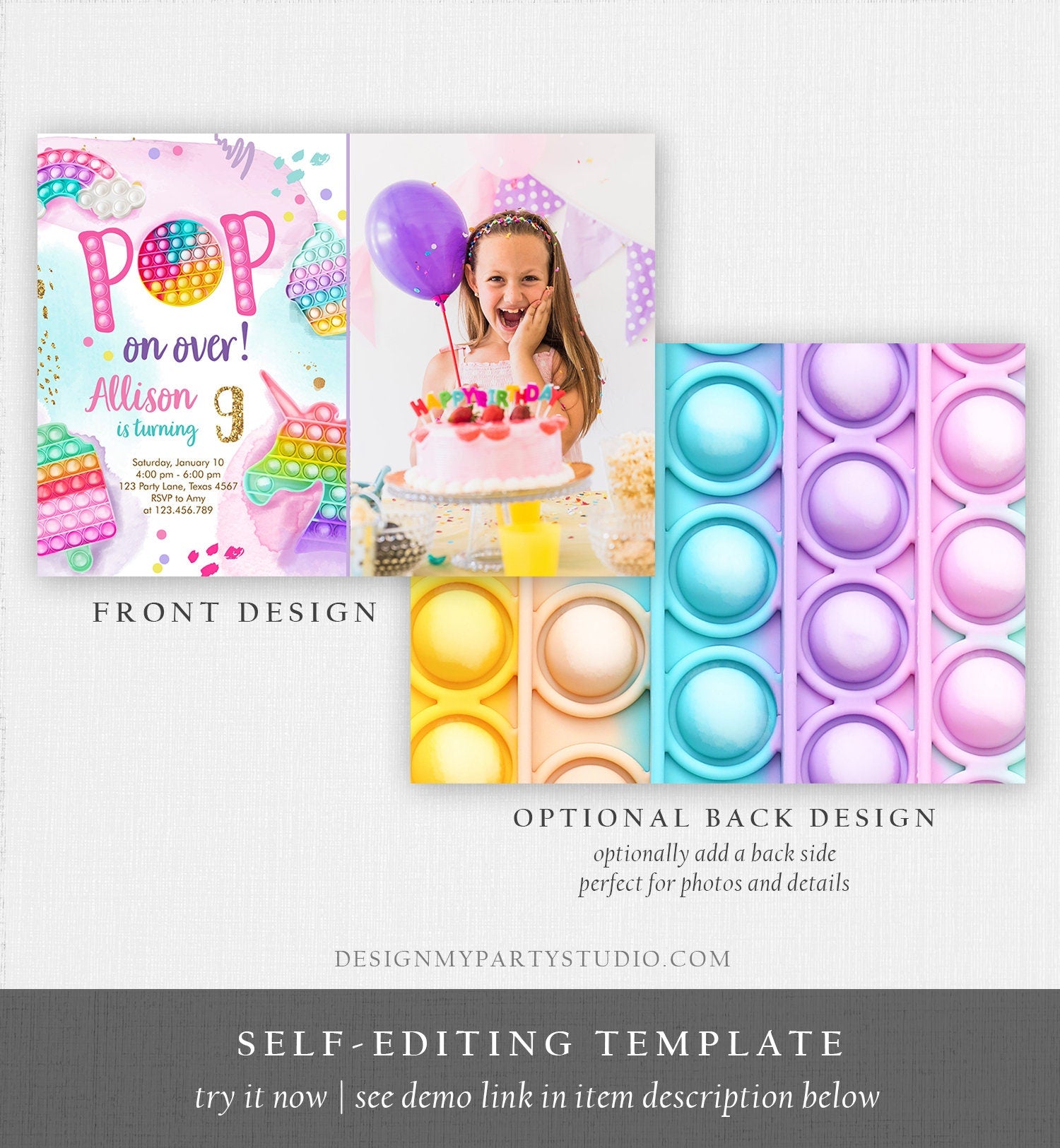 Editable Pop It Invitation Fidget Toy Party Pop It Rainbow Girl Kids Pastel Unicorn Watercolor Bubble Download Printable Template Corjl 0422