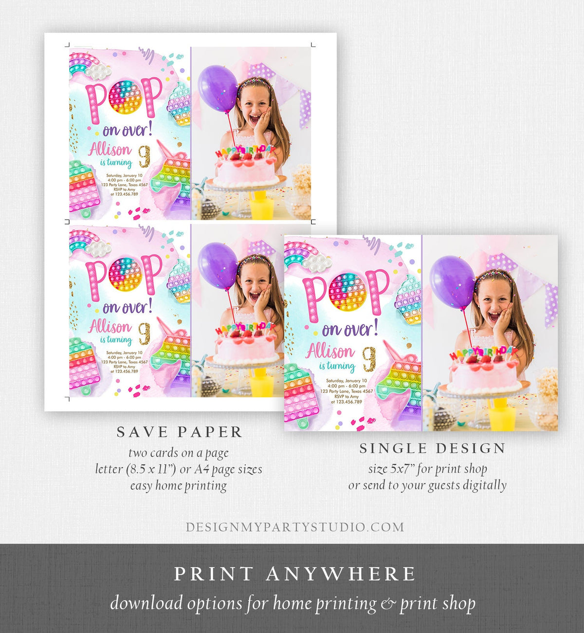Editable Pop It Invitation Fidget Toy Party Pop It Rainbow Girl Kids Pastel Unicorn Watercolor Bubble Download Printable Template Corjl 0422