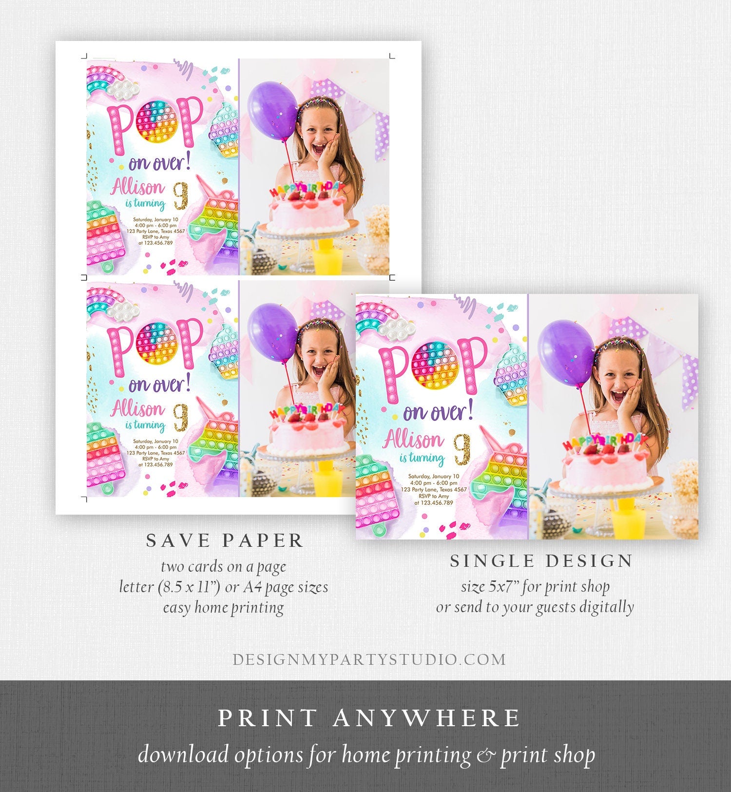 Editable Pop It Invitation Fidget Toy Party Pop It Rainbow Girl Kids Pastel Unicorn Watercolor Bubble Download Printable Template Corjl 0422