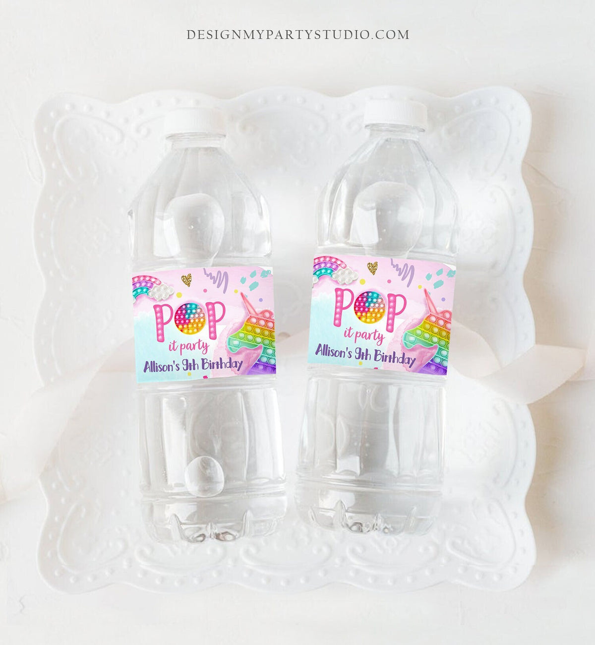 Editable Pop It Water Bottle Labels Fidget Toy Birthday Decor Popit Party Girl Pop It Party Pastel Printable Label Template Corjl 0422