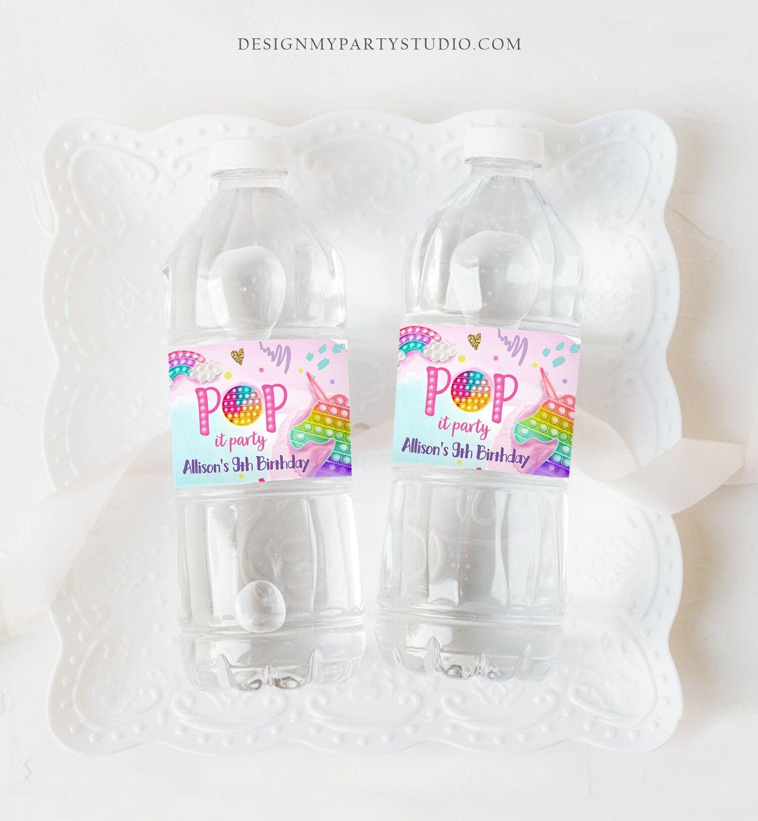 Editable Pop It Water Bottle Labels Fidget Toy Birthday Decor Popit Party Girl Pop It Party Pastel Printable Label Template Corjl 0422
