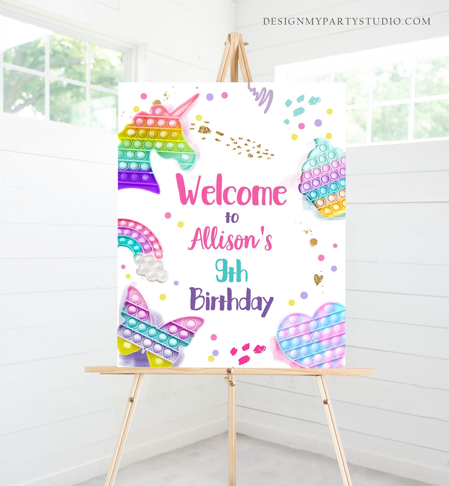 Editable Pop It Birthday Welcome Sign Fidget Toy Party Popit Birthday Welcome Teen Girl Pastel Rainbow Template Corjl PRINTABLE 0422