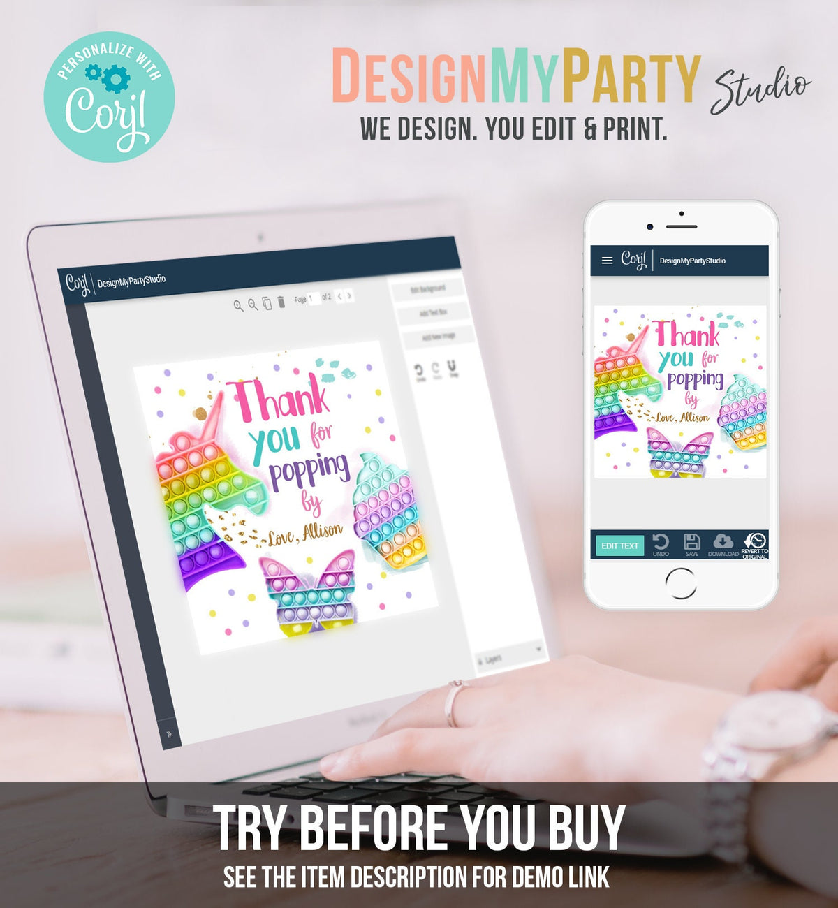 Editable Fidget Party Favor Tags Pop it Party Thank You Tag Gift Tag Popit Birthday Girl Popping By Stickers Corjl Template Printable 0422