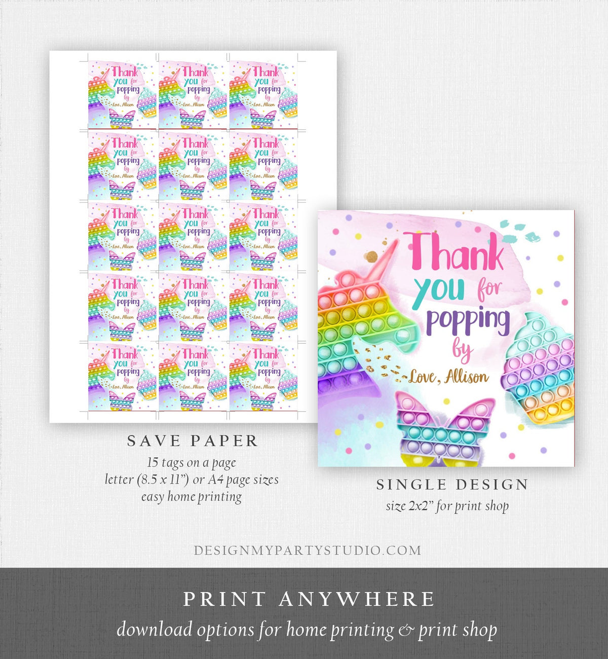 Editable Fidget Party Favor Tags Pop it Party Thank You Tag Gift Tag Popit Birthday Girl Popping By Stickers Corjl Template Printable 0422