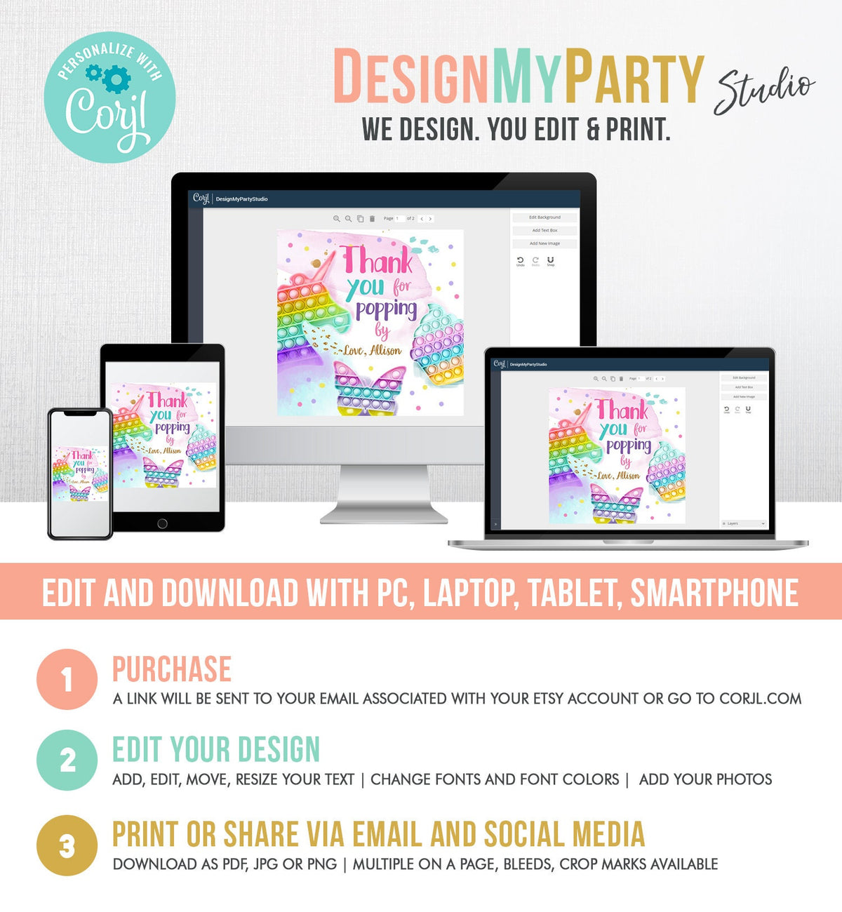 Editable Fidget Party Favor Tags Pop it Party Thank You Tag Gift Tag Popit Birthday Girl Popping By Stickers Corjl Template Printable 0422